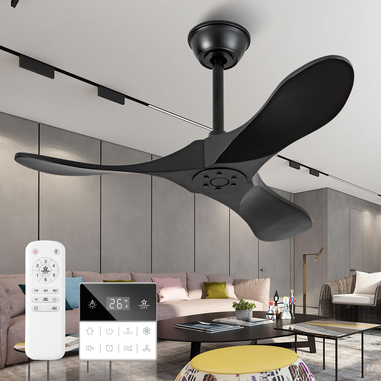 Ventilador de techo 52 pulgadas de madera sólida sin luz con motor DC silencioso y control remoto