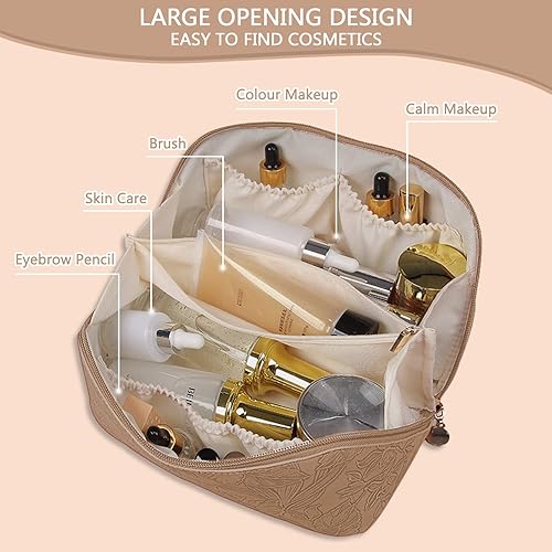 Miniatura 4 de BAKLUCK Bolsa de maquillaje de gran capacidad, bolsa de cosméticos de viaje con compartimento, impermeable, bolsa de maquillaje de piel sintética,