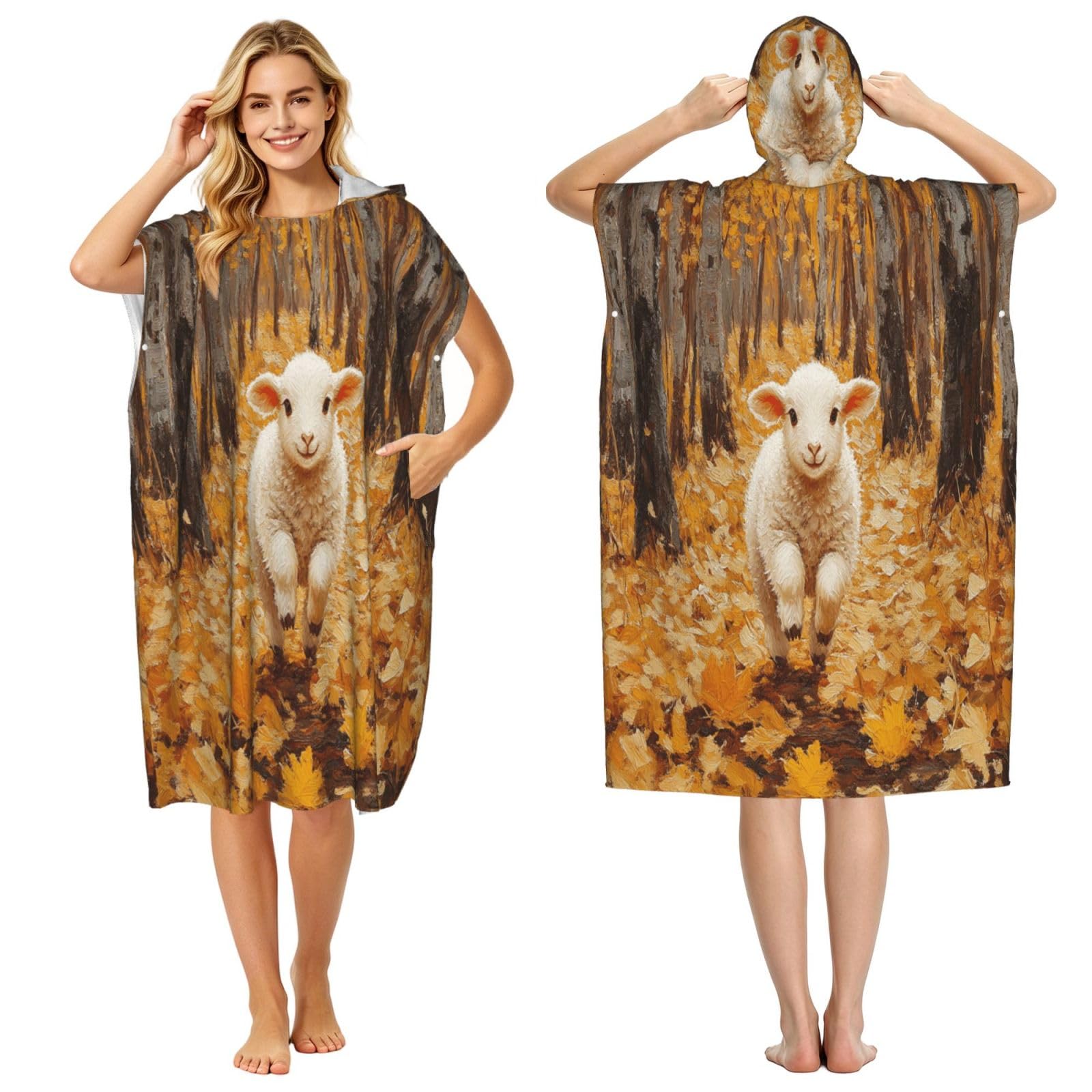 DTHKJNLSF Sheep In Yellow Leaves Adult Hooded Beach Poncho Towel