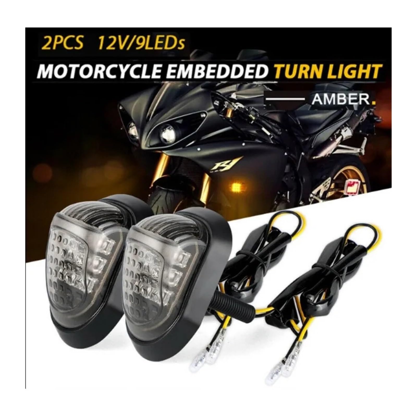 2 Intermitentes Empotrables para Motocicleta, Ámbar, 9 LED, Universales Indicadores Giro