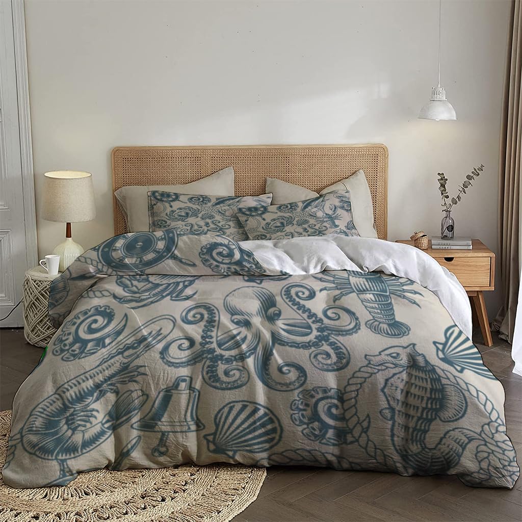 NIBAINLO 布団カバーモノクロの航海風アンカー船カニ海の動物 肌に優しい ピーチスキン加工 掛け布団カバー 和式 洋式 あったか 布団カバーセット リバーシブル ホームステイ ホテル 家庭兼用