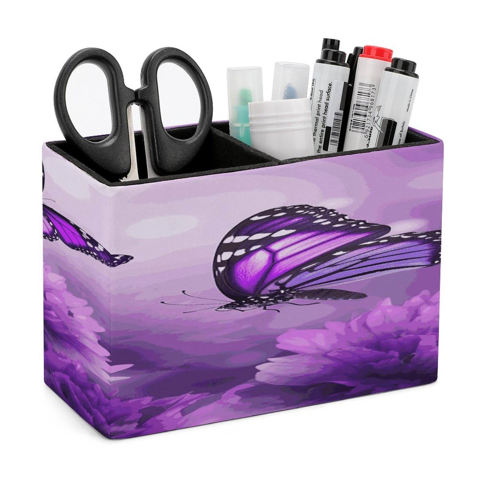 FekiLoot Purple Flower Butterflies Leather Pen Holder for Desk Double Compartments Brush Minimalist PU Leather Pencil Holder Locker Organizer for Work Locker Accessories Pencil Cup for Desk