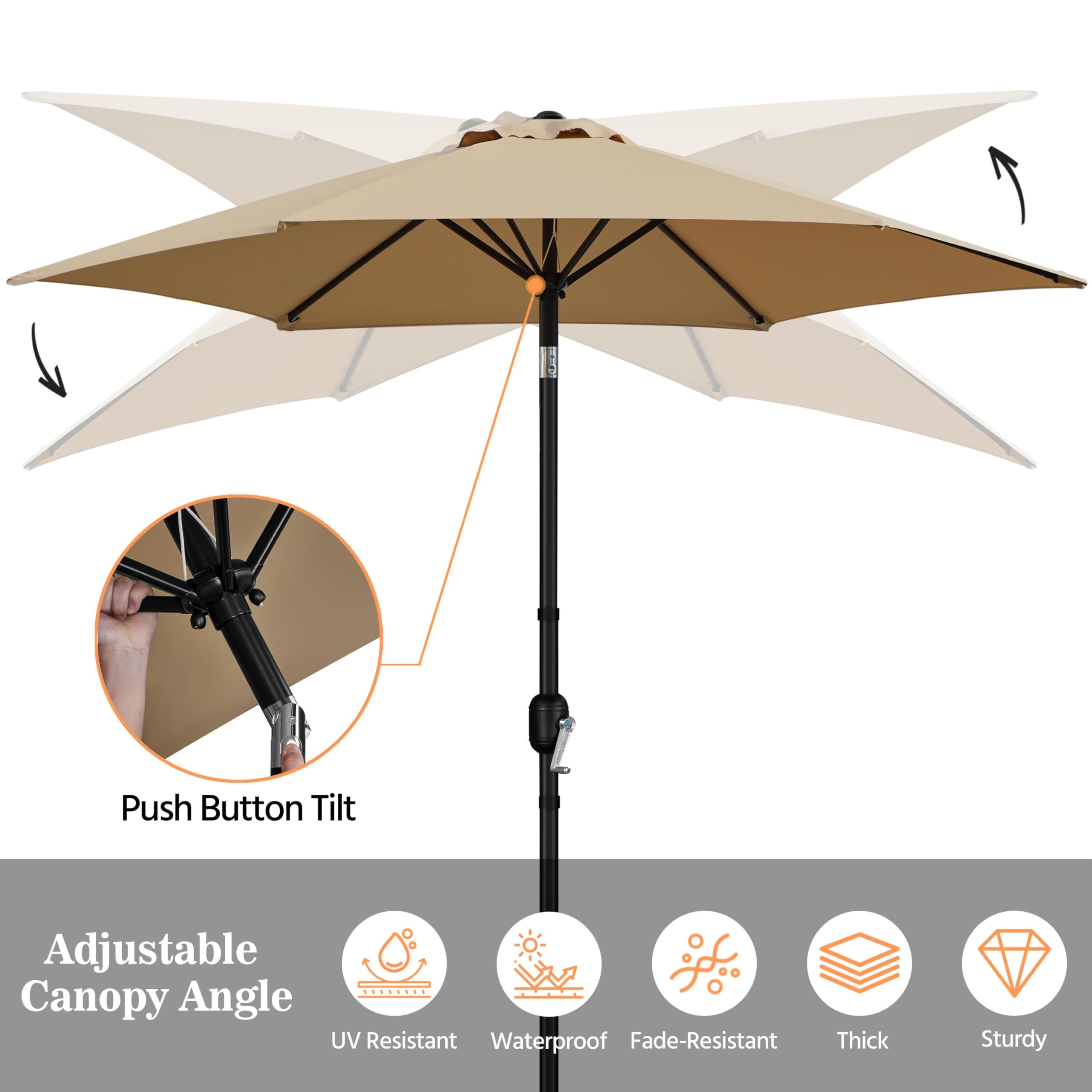 Sombrilla de patio, sombrilla de mesa para exteriores de 9 pies con varillas resistentes, botón de inclinación y manivela para piscina, patio, jardín, terraza 5