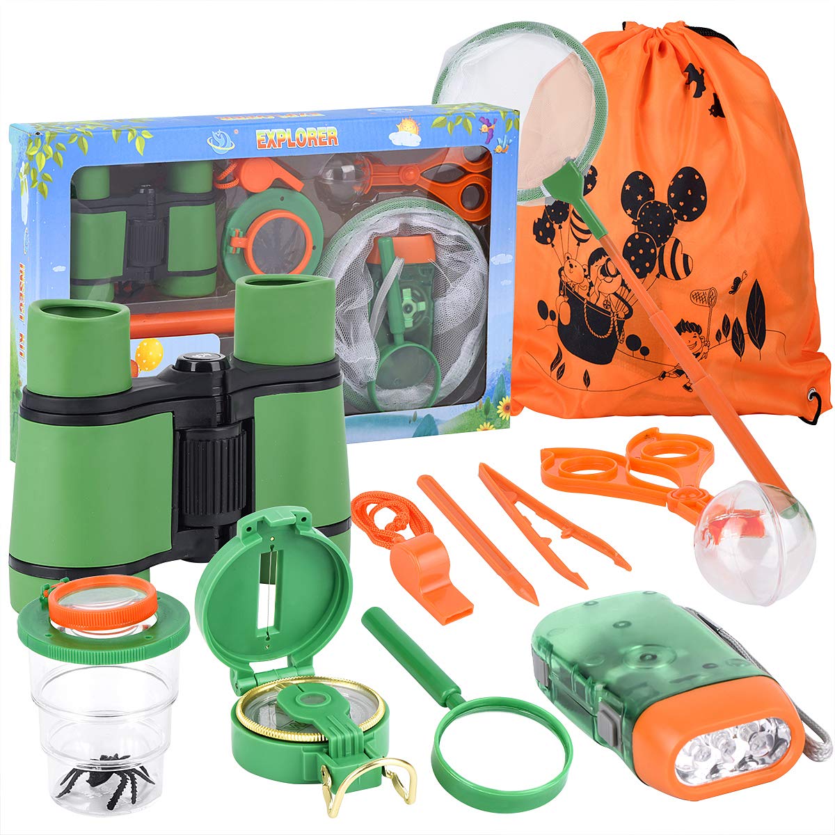 Kid Adventure Kit, 12 Piece Outdoor Exploration Kit, Children’s Toy Binoculars, Flashlight, Compass, Butterfly Net, Magnifying Glass, Whistle, Best Gifts For Birthday, Camping,Hiking, Educational
