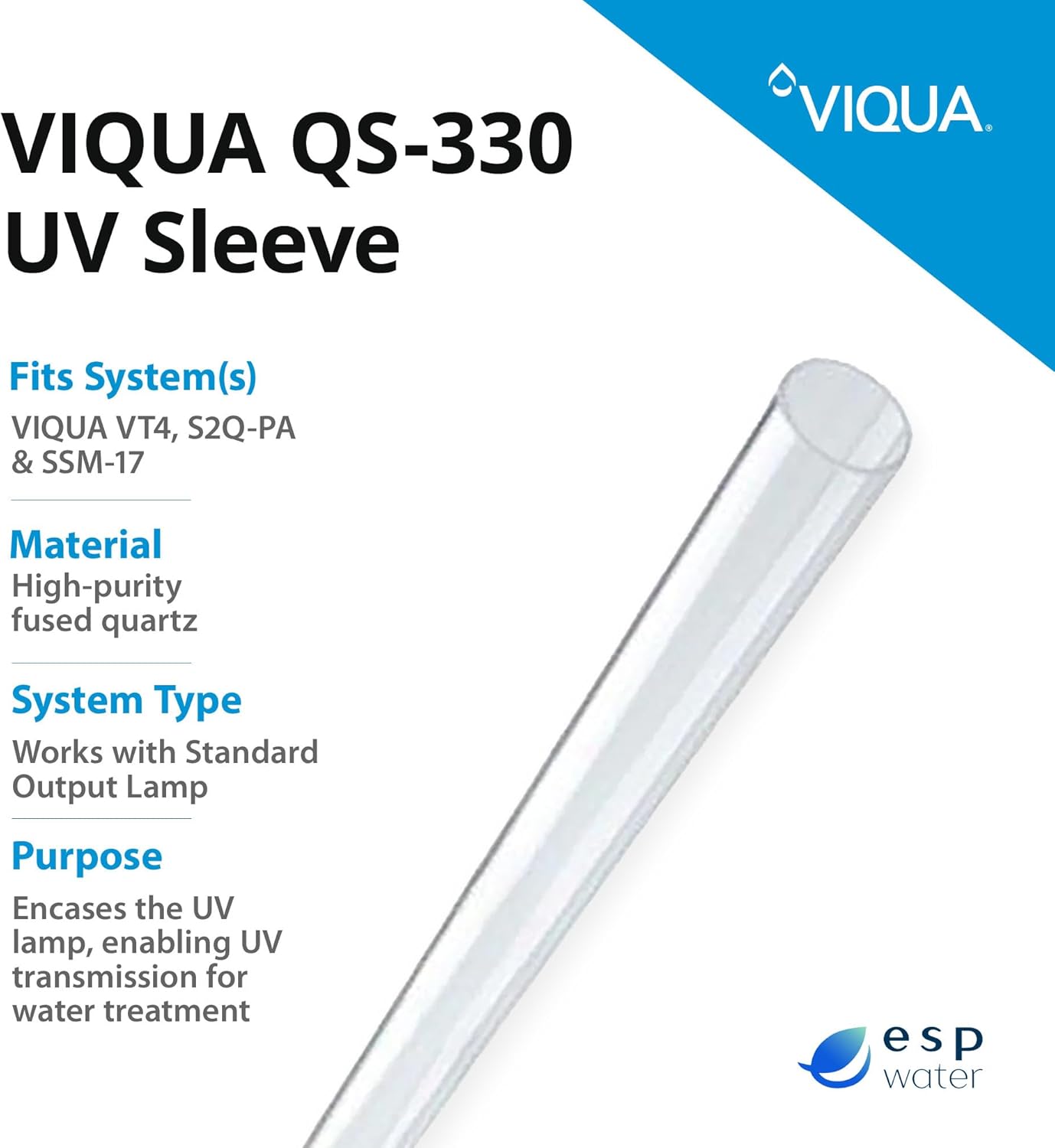VIQUA QS-330 Quartz Sleeve Replacement for UV Systems VT4, S2Q-PA & SSM-17