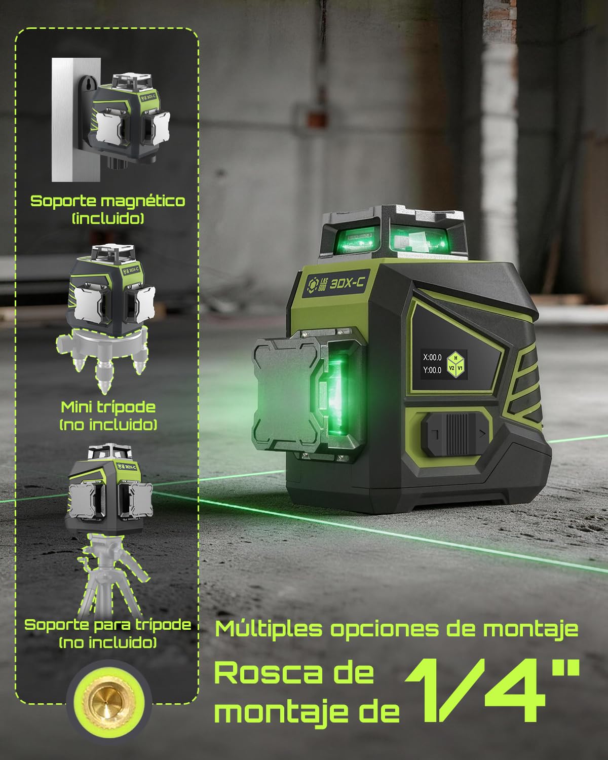 LASGOO 3DX-C Nivel Láser Verde con Pantalla LCD, Mando a Distancia & Soporte