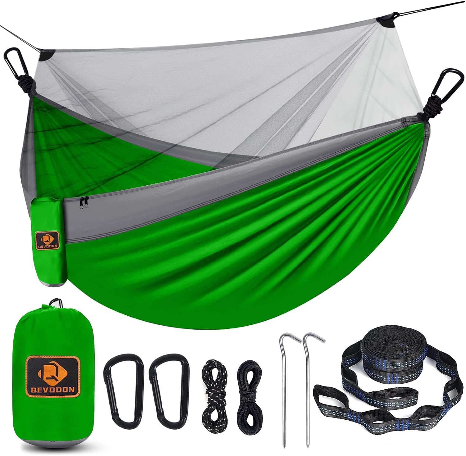 Qevooon Camping Hammock with Net,Portable Lightweight Double Hammocks with Tree Straps and Solid D-Shape Hanging Hooks,Parachute Nylon Hammock for Backpacking Beach Backyard Patio Hiking Green&amp;Grey