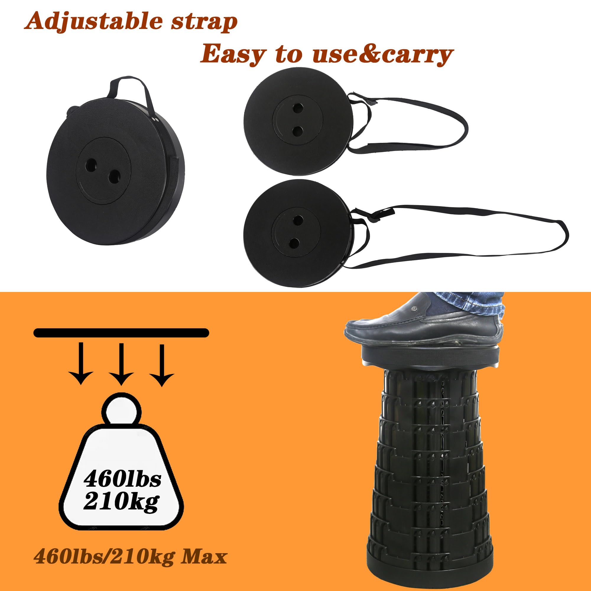 Sgabello Pieghevole Portatile Per Adulti - Altezza Regolabile 7-45 Cm | Portata 210 Kg | Leggero 1 Kg | Per Campeggio, Pesca E Eventi | Nero - Foto 14