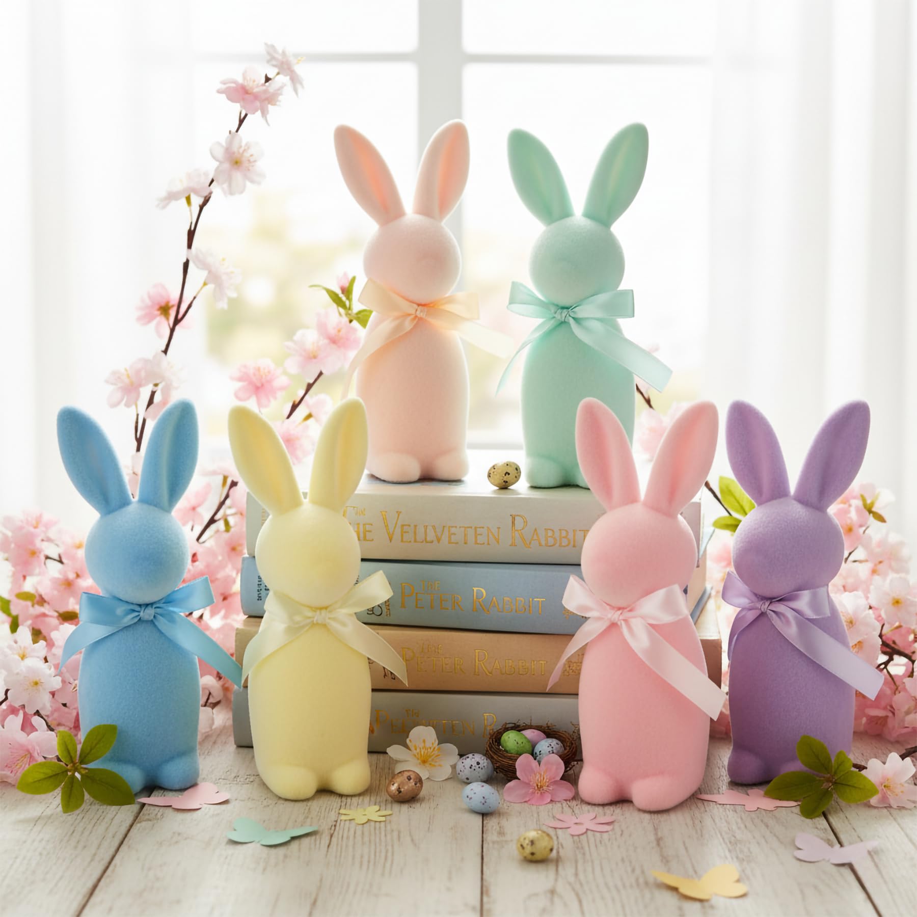 Lapins de Pâques floqués décoration printemps pour étagère