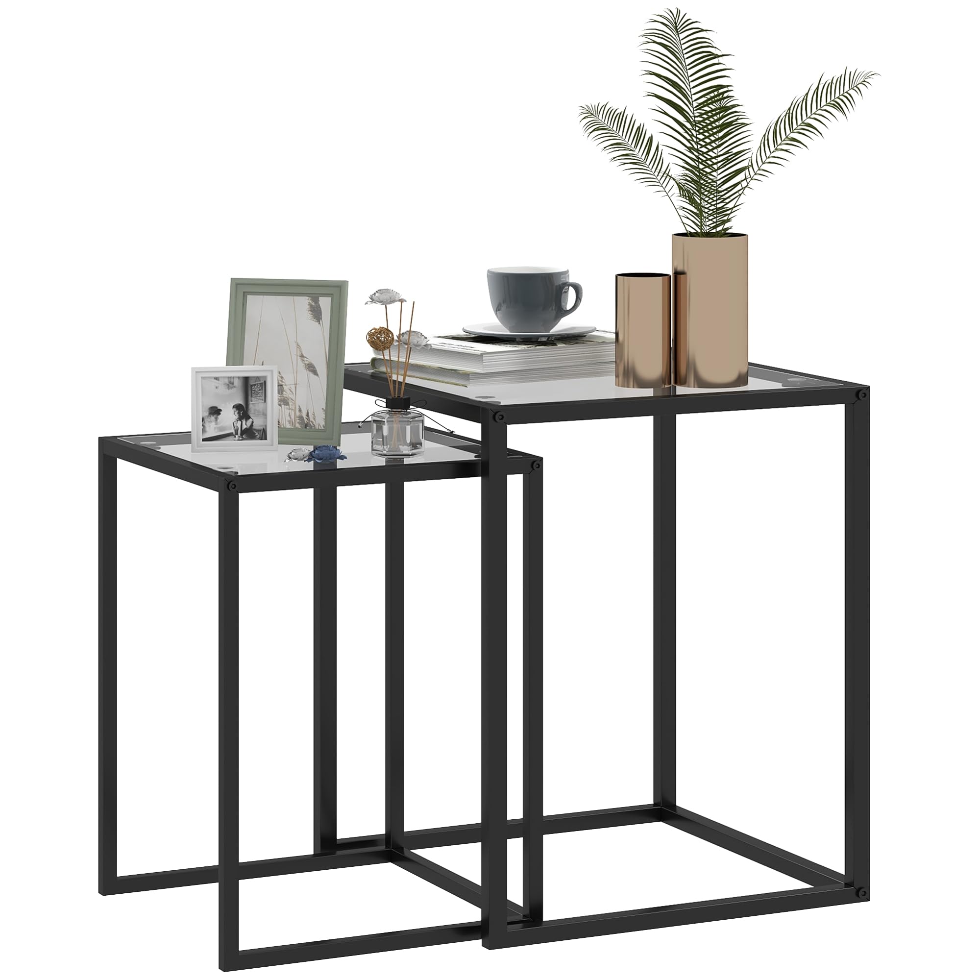 Homcom Black Nesting Tables Set Of 2, End Table With Tempered Glass Top,