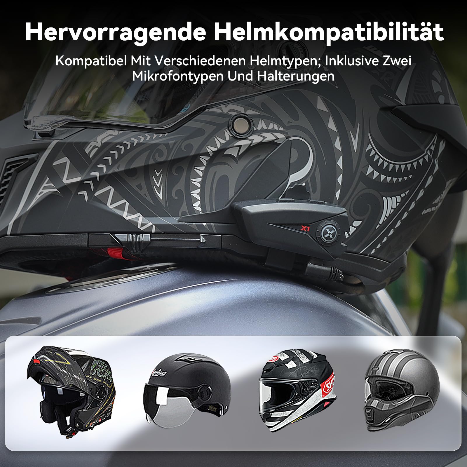 X1 Motorrad Headset Bluetooth 5.3, 40mm Hi-Fi, 60h Akkulaufzeit | Helm Kopfhörer für Musik und Navi-Ansage Hören, Sprachassistent, IP67, 800mAh Akku, DSP/CVC-Geräuschunterdrückung