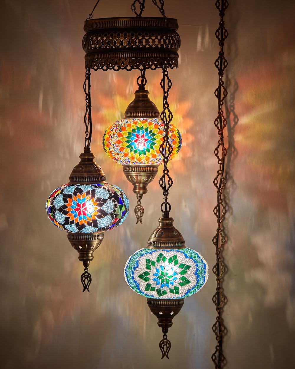 DEMMEX Plug-in Turkish Hanging Lamp, Handmade Moroccan Mosaic Chandelier Pendant Light Fixture with 15-ft Cord & Chain, Decorative Ceiling Lamp for Living Room, Bedroom, 3 Large 7'' Globes, 3.5 ft.
