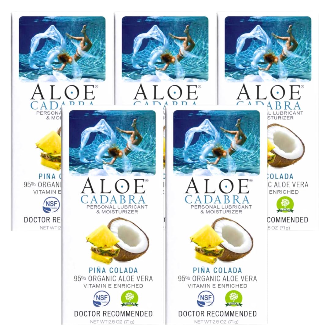 Aloe Cadabra Flavored Personal Lubricant and Vaginal Moisturizer, Organic Edible Aloe Lube for Men, Women and Couples, Non-Staining, pH Balanced, Toy Compatible (Pina Colada, 2.5 Ounces, 5 Pack)