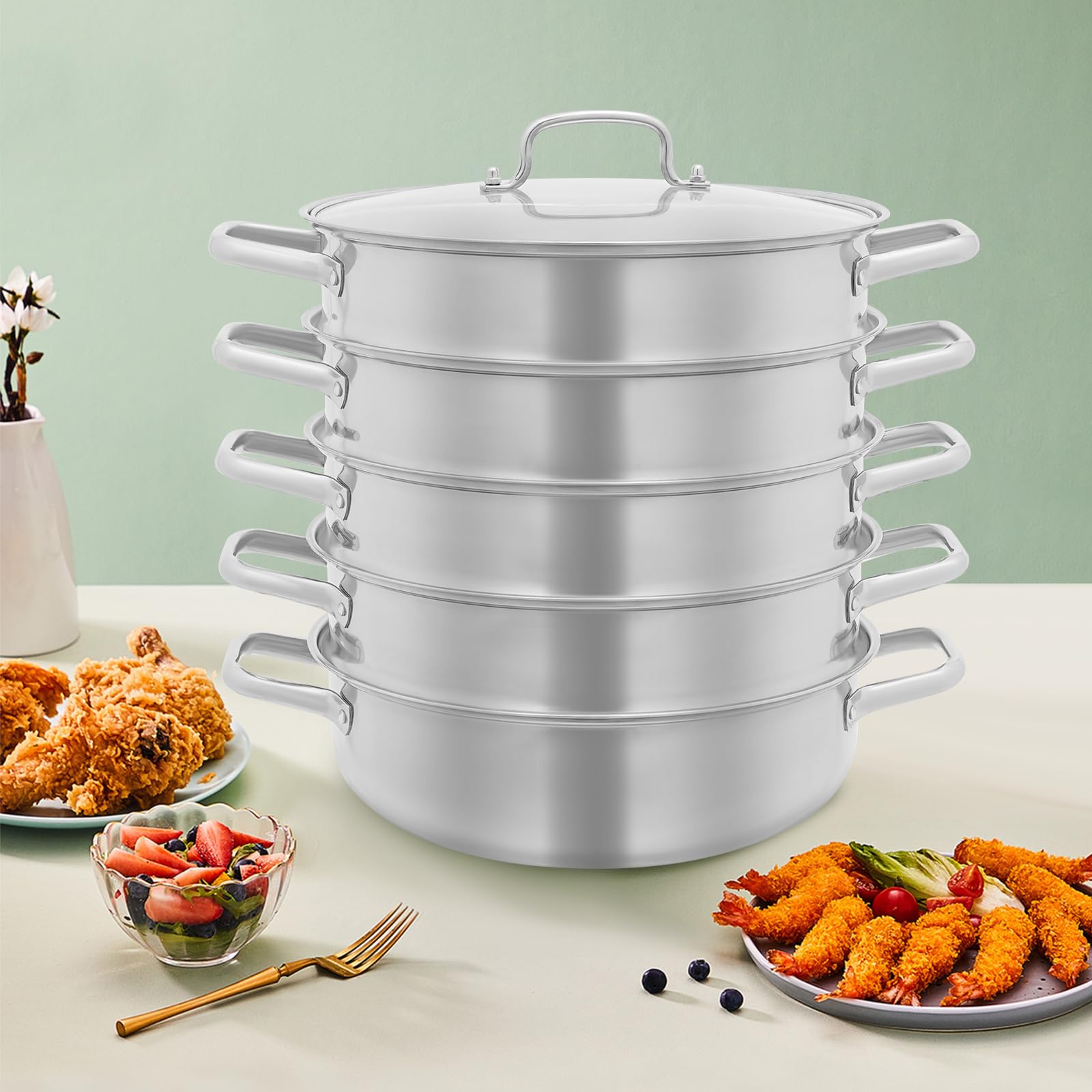 Szybkowar parowy ze stali nierdzewnej, 30 cm, 5-stopniowy ze szklaną pokrywką, stal nierdzewna 304, parowar, można układać w stos, do kuchenek indukcyjnych i gazowych, wielowarstwowy garnek do