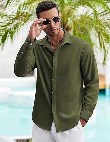 Vista 4 de COOFANDY Camisa casual de manga larga con botones para hombre, camisa de verano para playa, boda