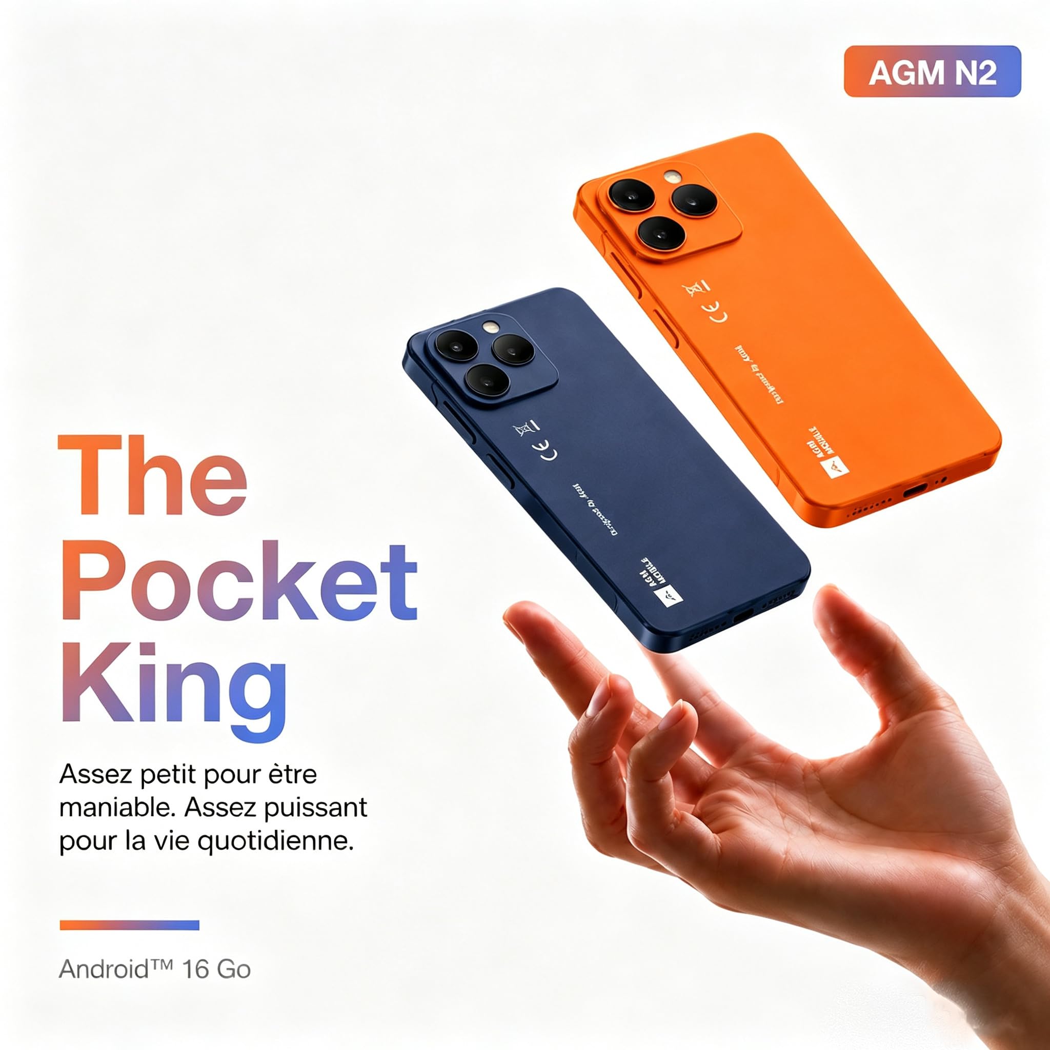 AGM Note N2 Mini Téléphone, Android 16, 4,96" Whatsapp 3+32Go IP54 3000mAh | Téléphone Mini Déverrouillé Android, Écran HD 4,96", 3Go+32Go, IP54 Double SIM, Batterie 3000mAh, Whatsapp, Orange