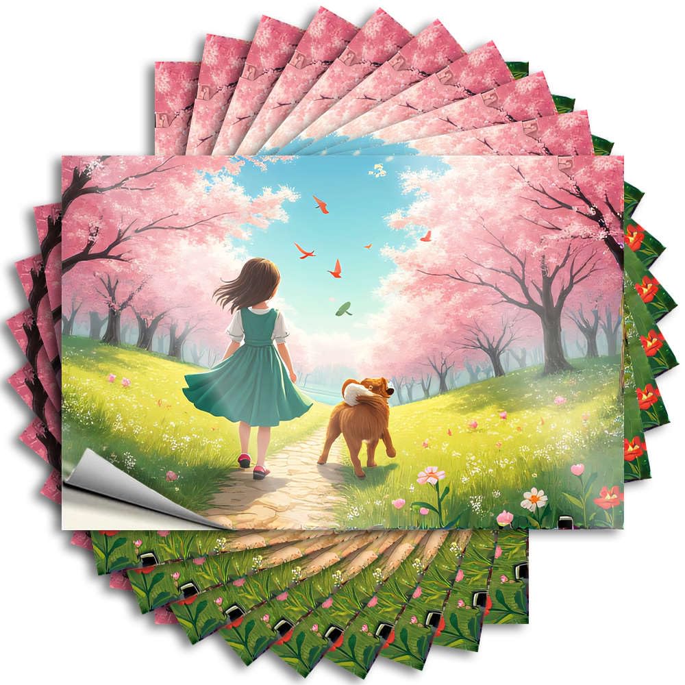 Fzfn Girls Colour Dorm Decorations Cover Lettering Sticker - And Dog Walking In Cherry Blossom Garden Western Bathroom Durable Sticker Easy Apply For Indoor Decor(8X12cm)