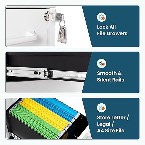 Miniatura 59 de MIIIKO Archivador de 3 cajones con cerradura, archivadores verticales de metal negro para oficina en casa, gabinetes de archivos completamente