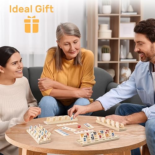 Miniatura 13 de Rummy Cube - Edición para 6 jugadores con 6 bastidores y bandejas de madera, juego de 160 azulejos grandes con funda con cremallera, juego de viaje