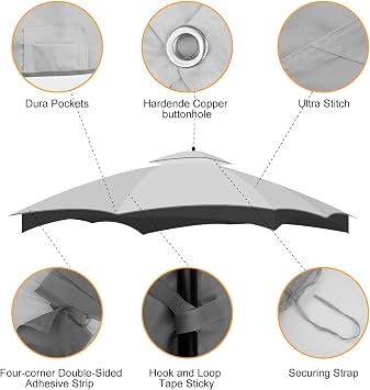 10x12 Replacement Canopy for Lowe's Allen Roth Gazebo, Double-Tier Roof Cover with Air Vent, Heavy Duty Waterproof Gazebo Cover for Patio Garden Yard (Gray)