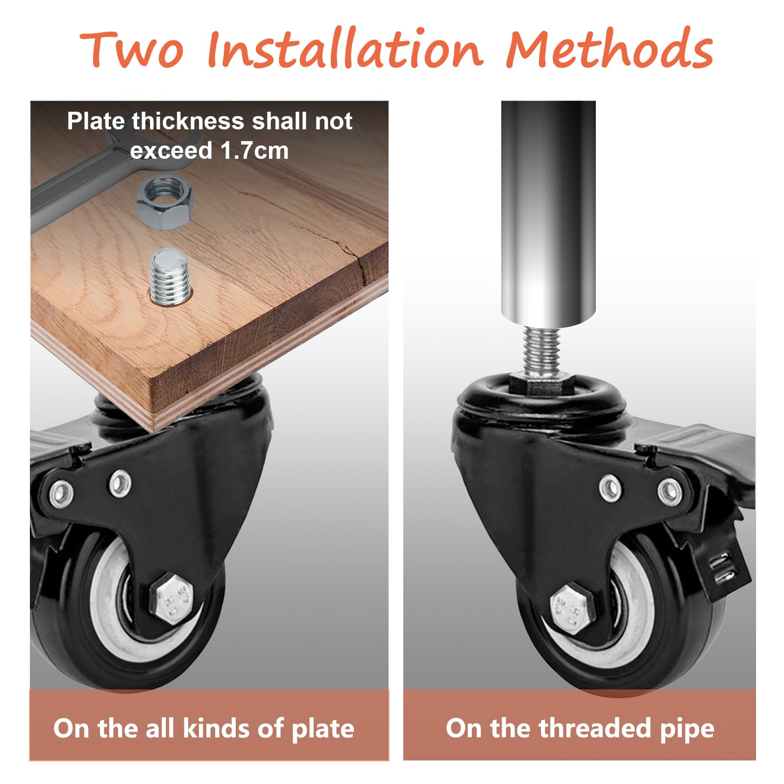 Set di 4 ruote con perno filettato da 2 pollici M10 (diametro 10 mm, lunghezza 25 mm), ruote di sicurezza silenziose con freno, ruote industriali per scaffalature in filo metallico, carrelli e mobil