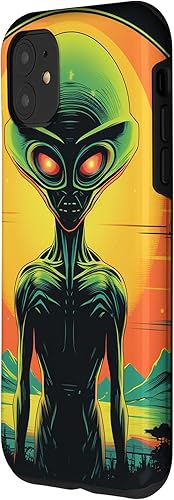 Vista 11 de iPhone 14 Pro Max Cute Green Alien Head UFO Space Face Alien Case