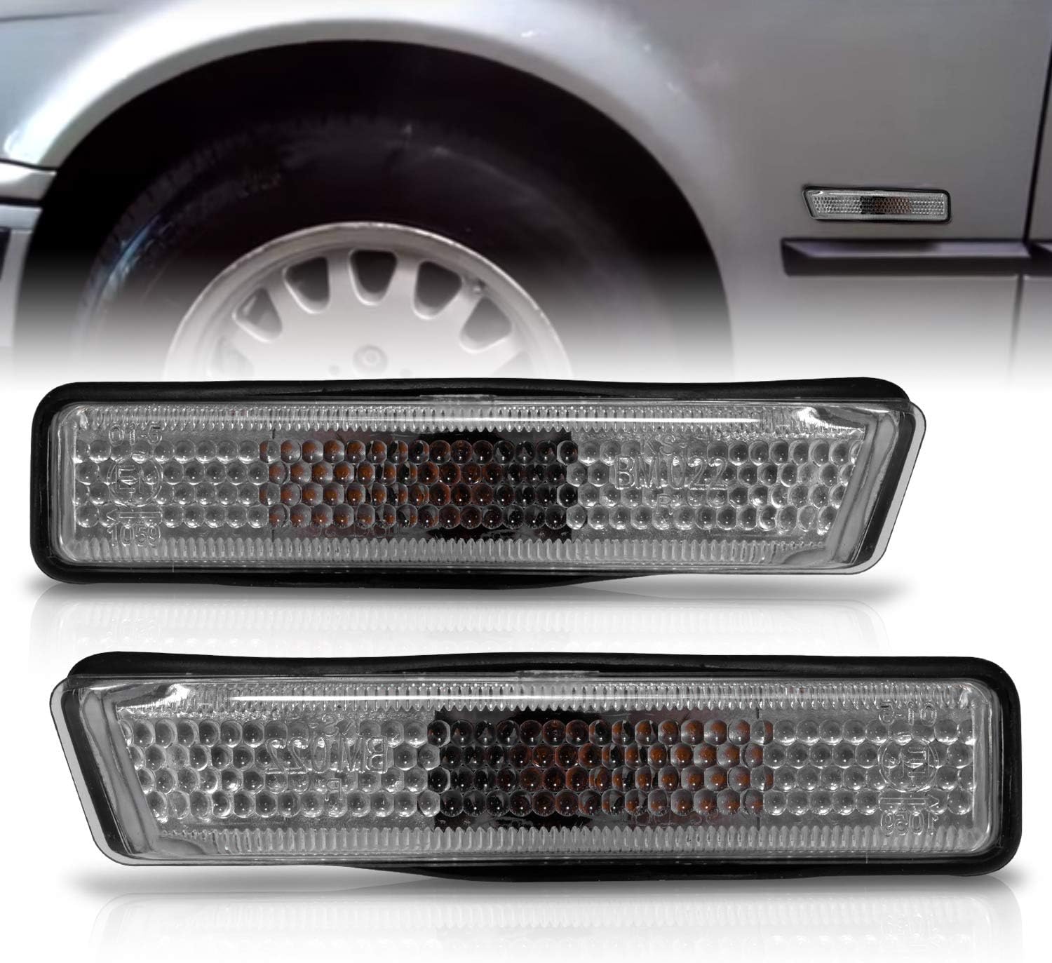 AmeriLite for 1997-1998 BMW E36 3-Series Chrome Housing Clear Chrome Side Marker Lights Pair - Driver and Passenger Side