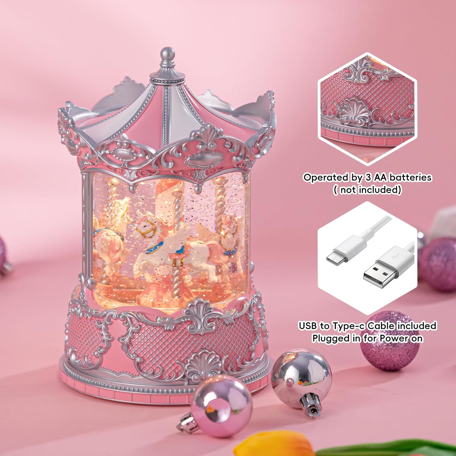 Snow Globe Lantern with Carousel–Shatterproof 8 Songs Musical Automatic Snowfall Led Light, USB&Battery Powered, Merry-Go-Round for Easter Day Gift Birthday Home Decor Decoration, Silver& Pink