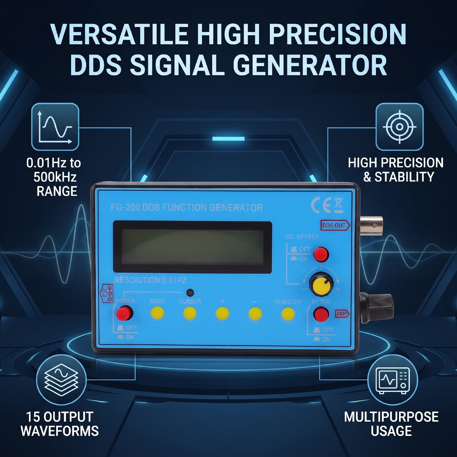 Zunate DDS Generador de Señal de Función 0.01Hz a 500kHz Frecuencia