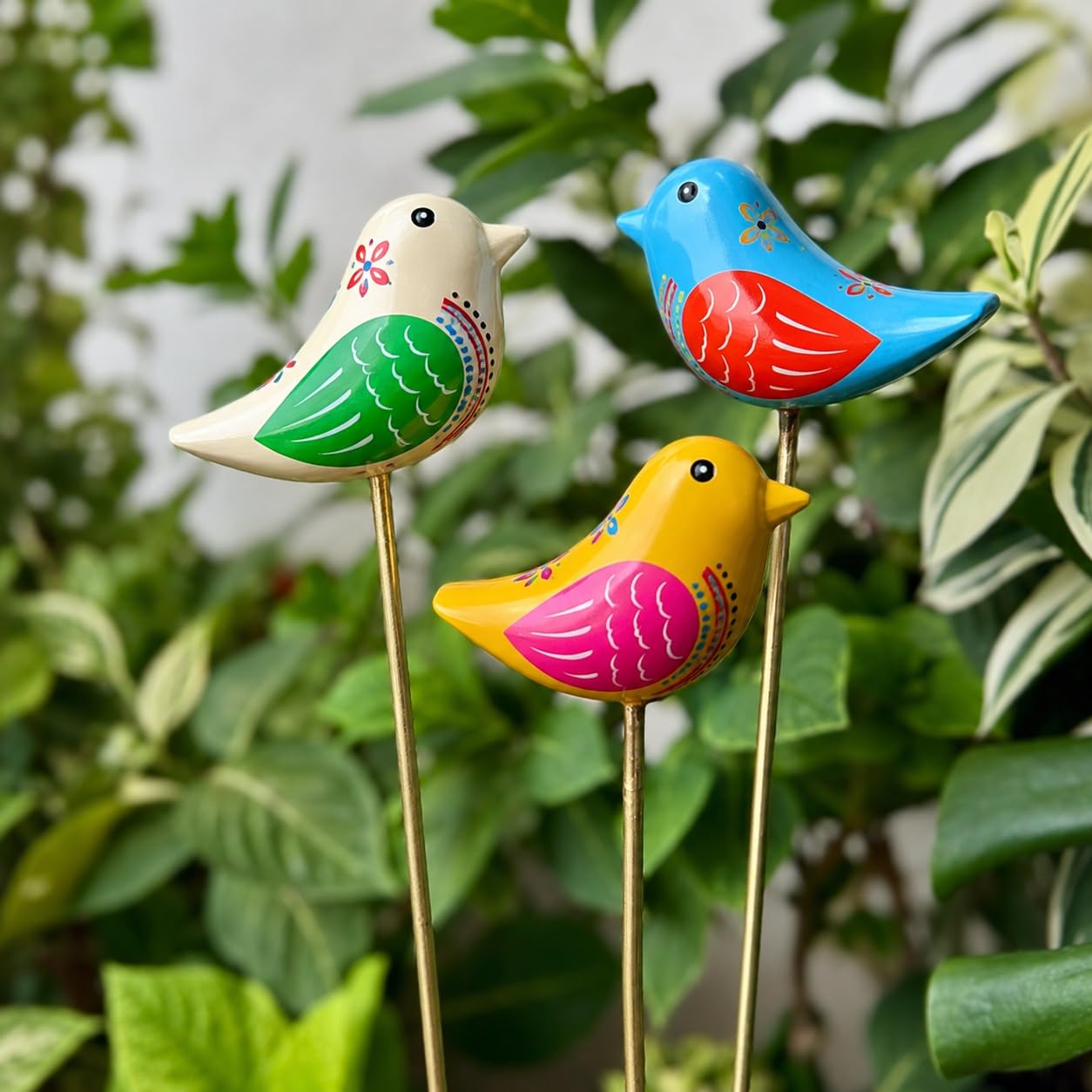 Chirpy Bird Wooden Garden Stake - Set of 3| Handcrafted by Rajasthan artisans | Boho Garden/Balcony Decor | Easy to use in pots, patios, lawns | Multicolour-image-29