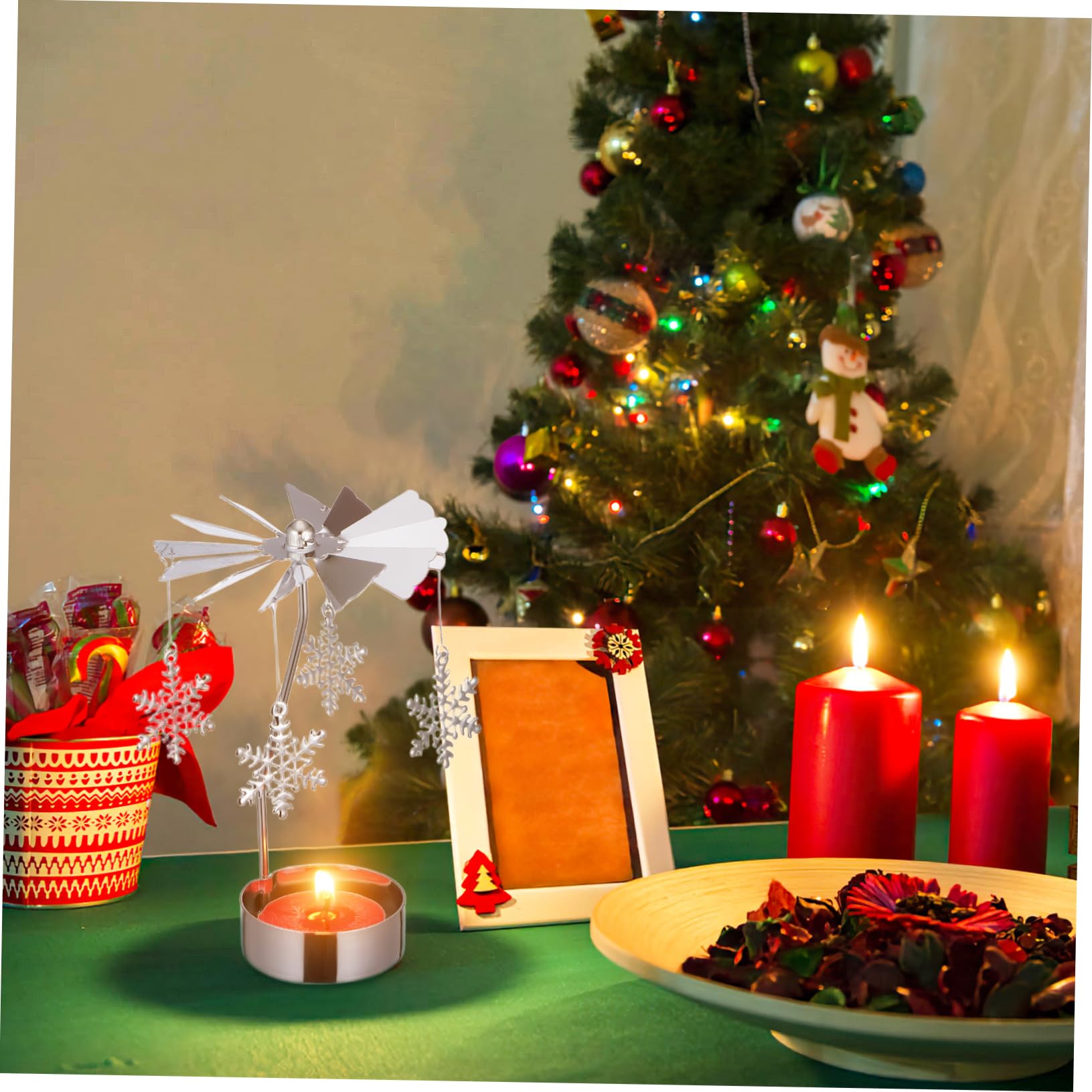 Cabilock Candelabro Giratorio De Hierro Forjado Metálico, Decoración Navideña Motivos Ángel, Copo De Nieve y Árbol, Adecuado para Mesa y Hogar, Sin Velas, Diseño Clásico Europeo