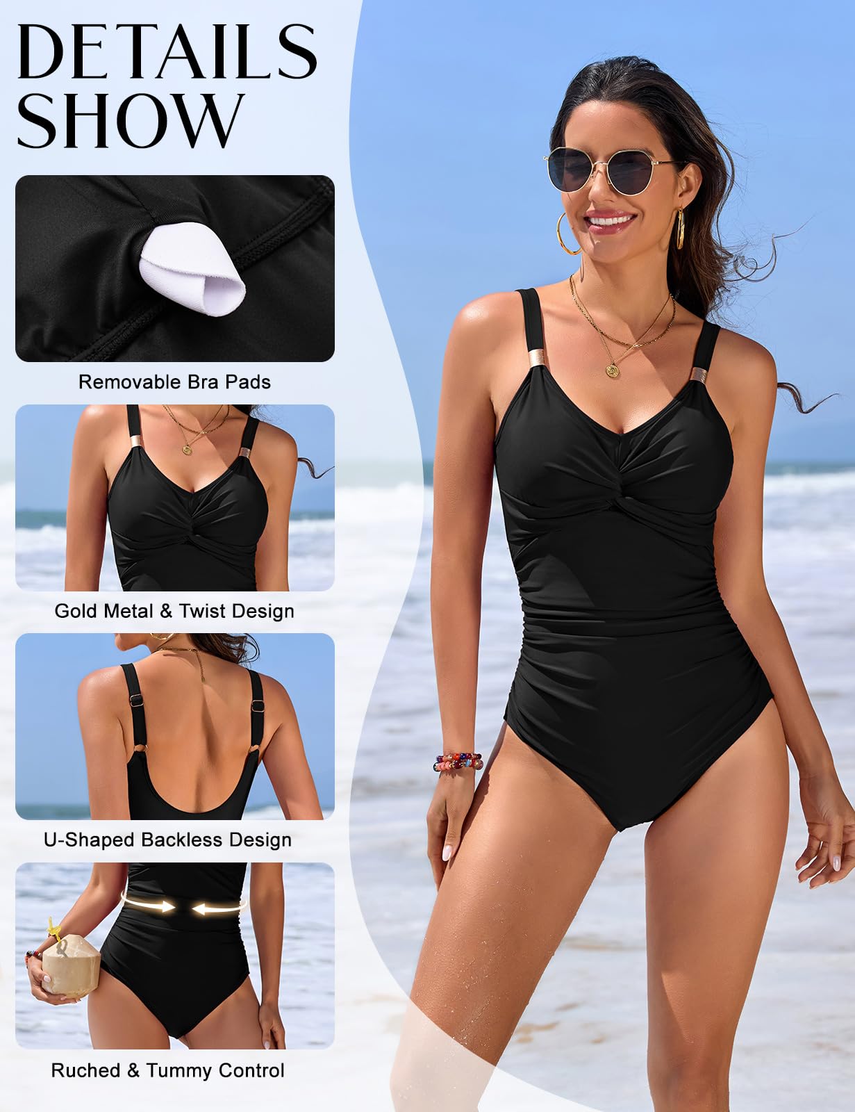 Nadeer Maillot de Bain Femme 1 Pieces Gainant Maillots Une Pièce Sexy Push Up Torsadé avec des Ornements Métalliques Swimsuit de Plage et Piscine