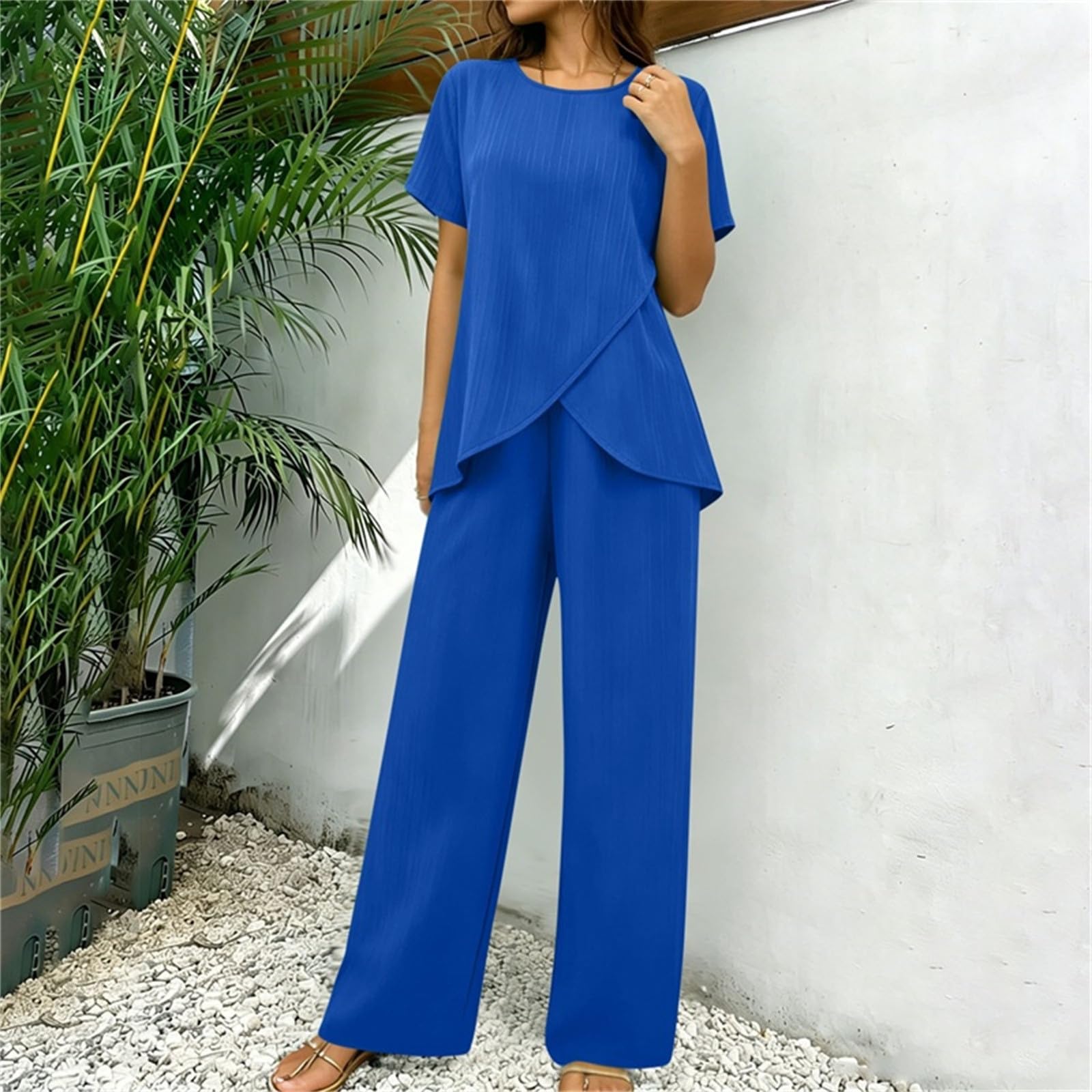 AACH Hosenanzug Damen Sommer Outfits Elegant Slim Fit 2-Teiliges Kurze Ärmel Rundkragen Oberteile und Weite Hose Zweiteiler Geschäft Büro Sportanzug Locker Einfarbig Freizeitanzug Mode Anzug