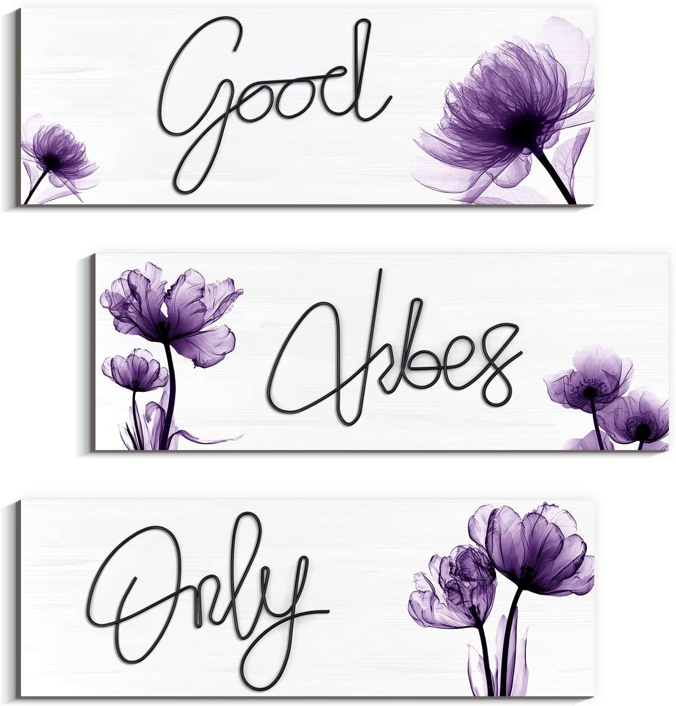 3 Pcs Good Vibes Only Wall Decor, Light Purple Flower -Themed Good Vibes Only Sign, Wooden Positive Quotes Signs Wall Art Decoration (Purple, 3.9 x 11.4 inch)