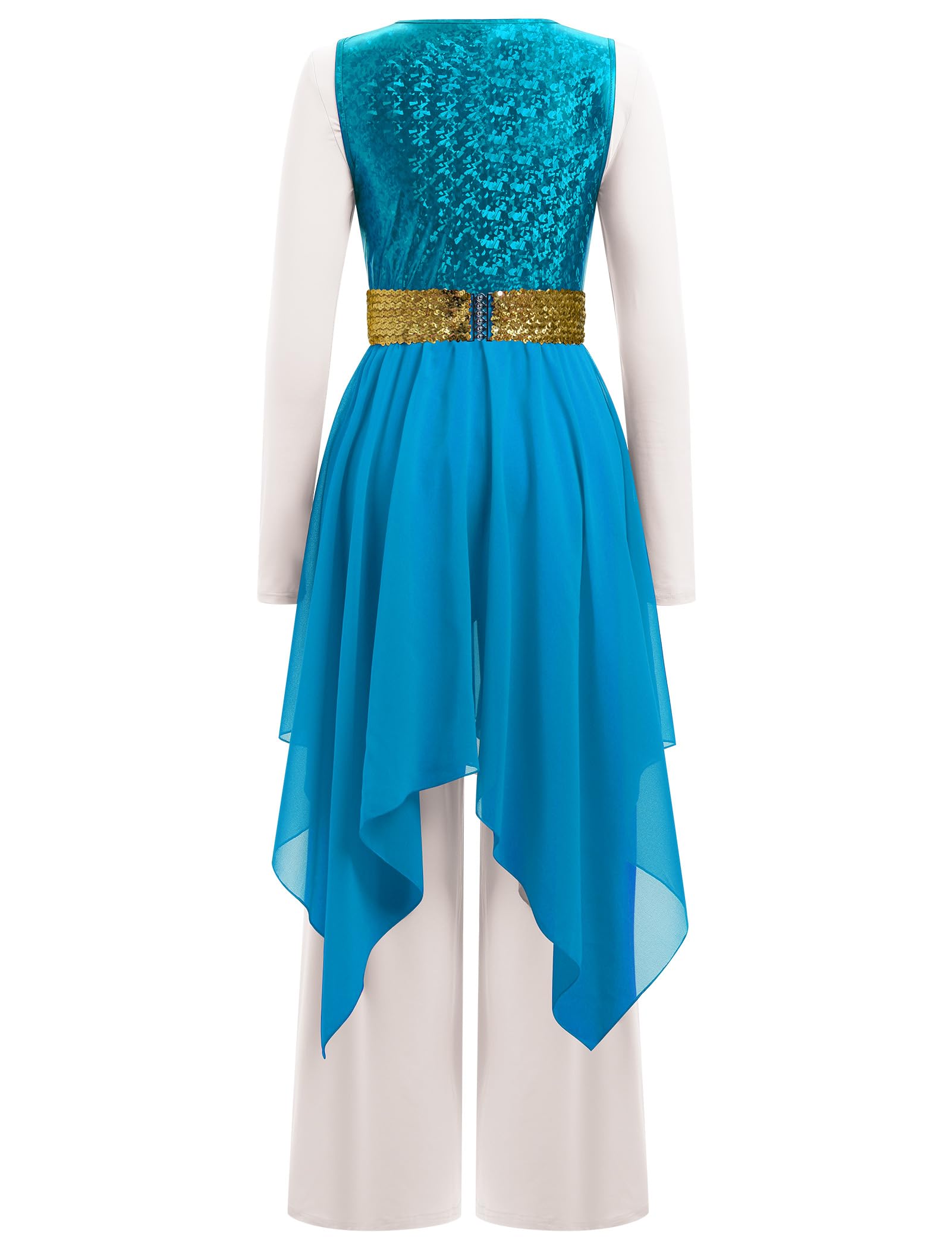 AFAVOM Praise Dance Dresses for Women Metallic Sequin Asymmetric Ruffle Chiffon Overlay Dress + Wide Leg Dance Pants Jumpsuit + Belt 3PCS Full Length Worship Liturgical Dancewear Costume Blue L