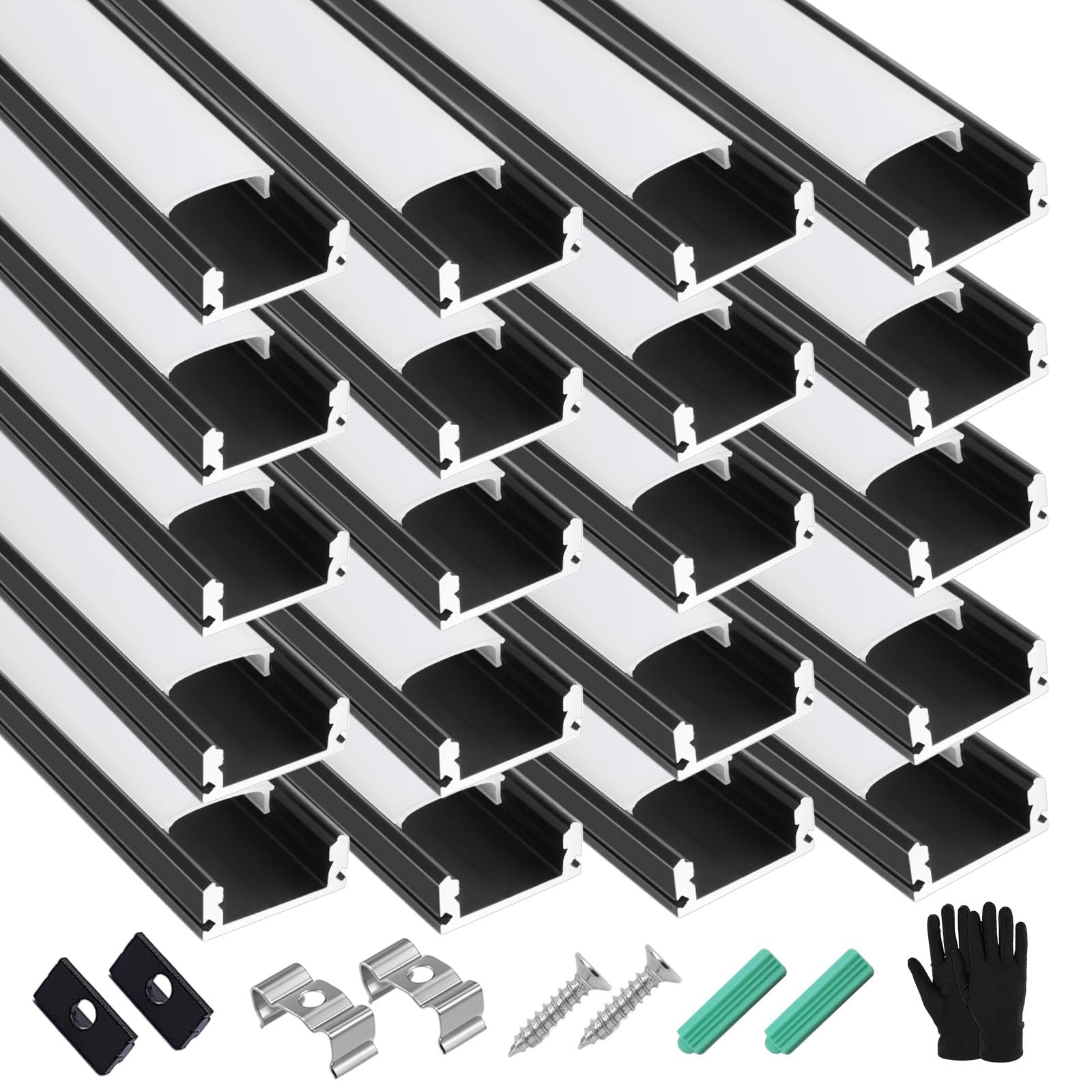 LIFE66II 20 Pack 6.6FT/2Meter U Shape LED Channel & Aluminum Diffuser System with Milky Cover, End Caps & Mounting Clips - LED Strip Light Diffuser