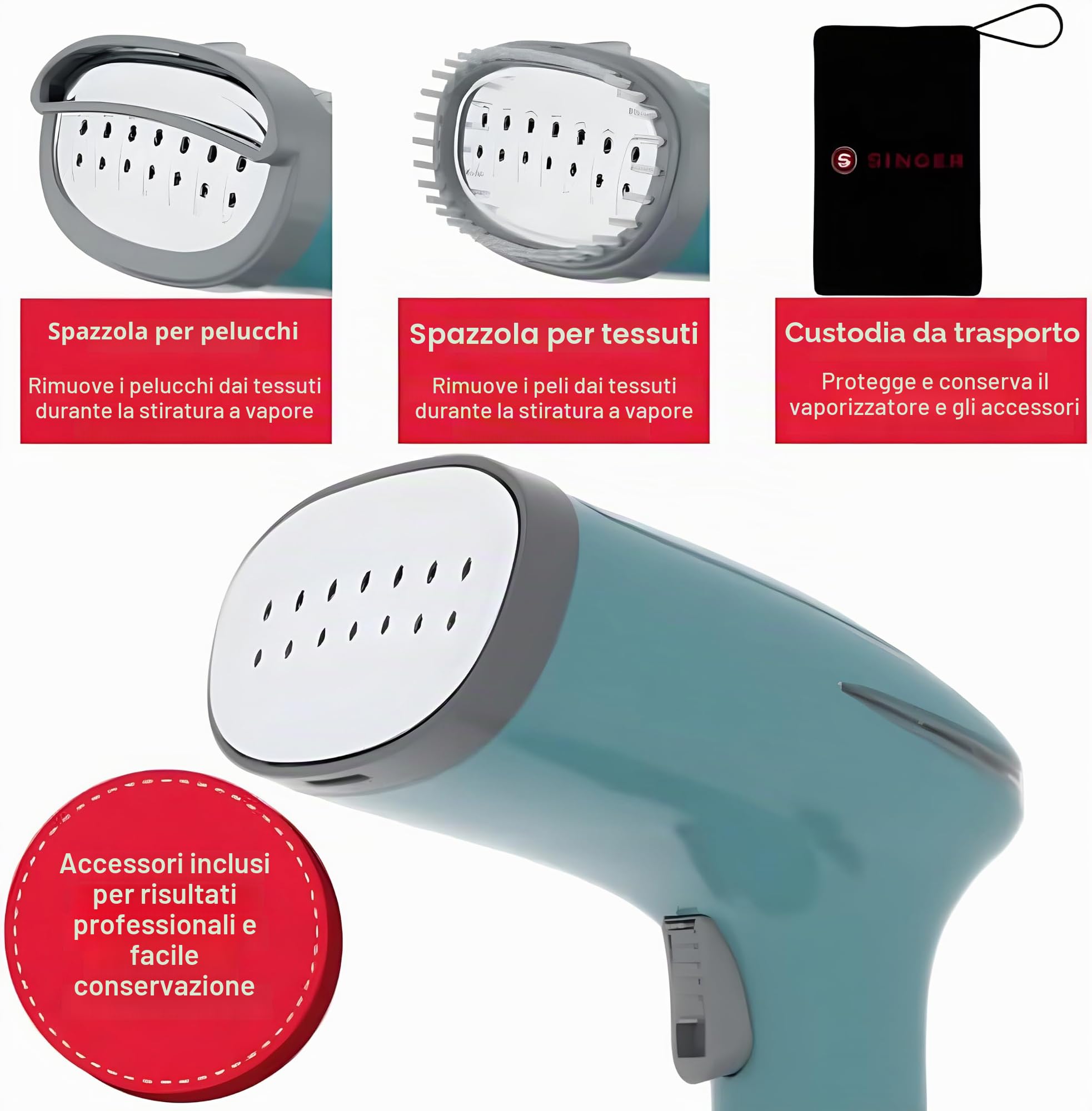 Singer, Ferro da Stiro Verticale Portatile a Vapore, Stiratrice, Utile per Stirare e Igienizzare i Tuoi Capi, Riscaldamento Rapido in 20s, Potenza 1500W, Serbatoio 280ml