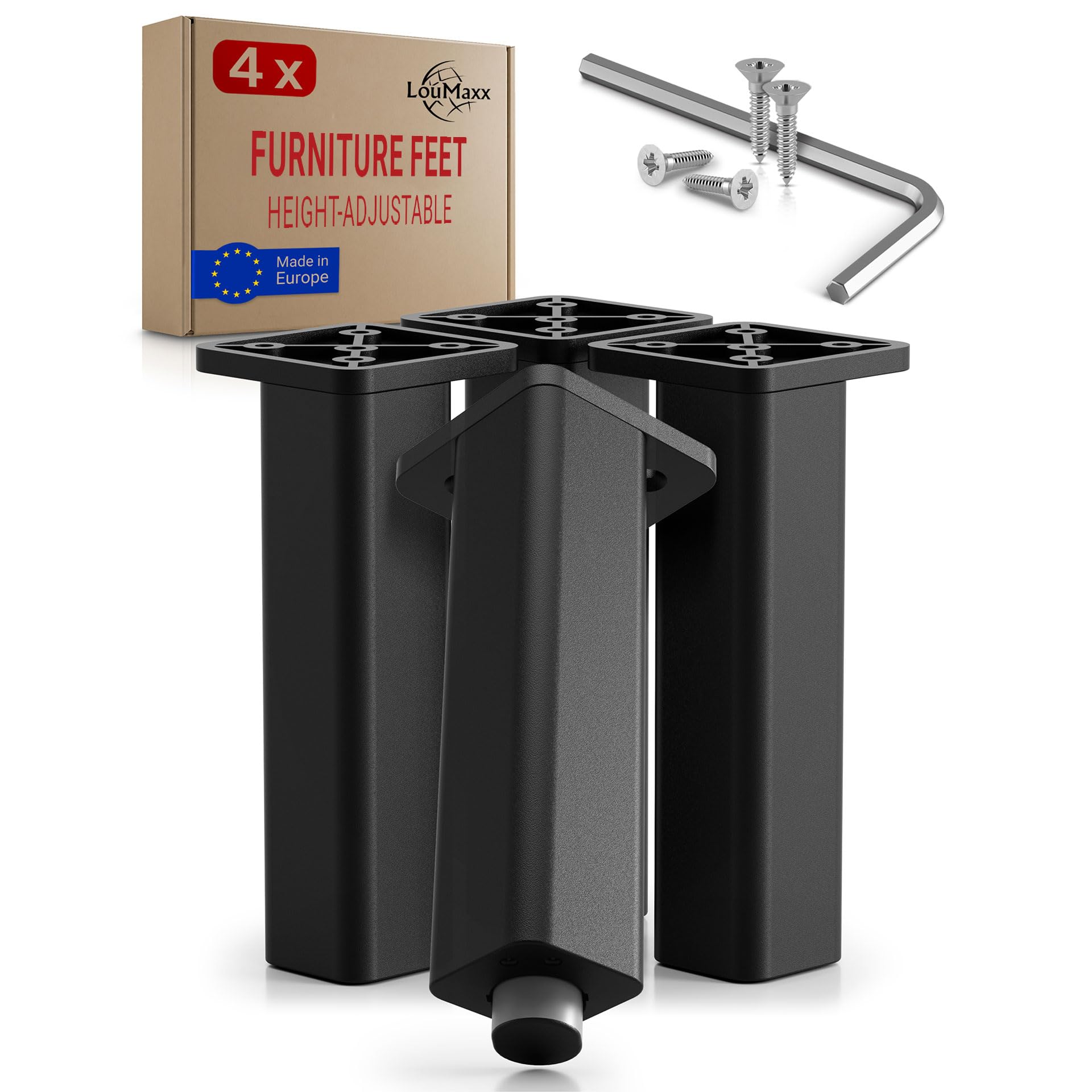 LouMaxx Height Adjustable Furniture Legs 38x38x150mm Set of 4 - Cabinet Feet for Kallax Dressers & Cupboards - 250kg per Leg