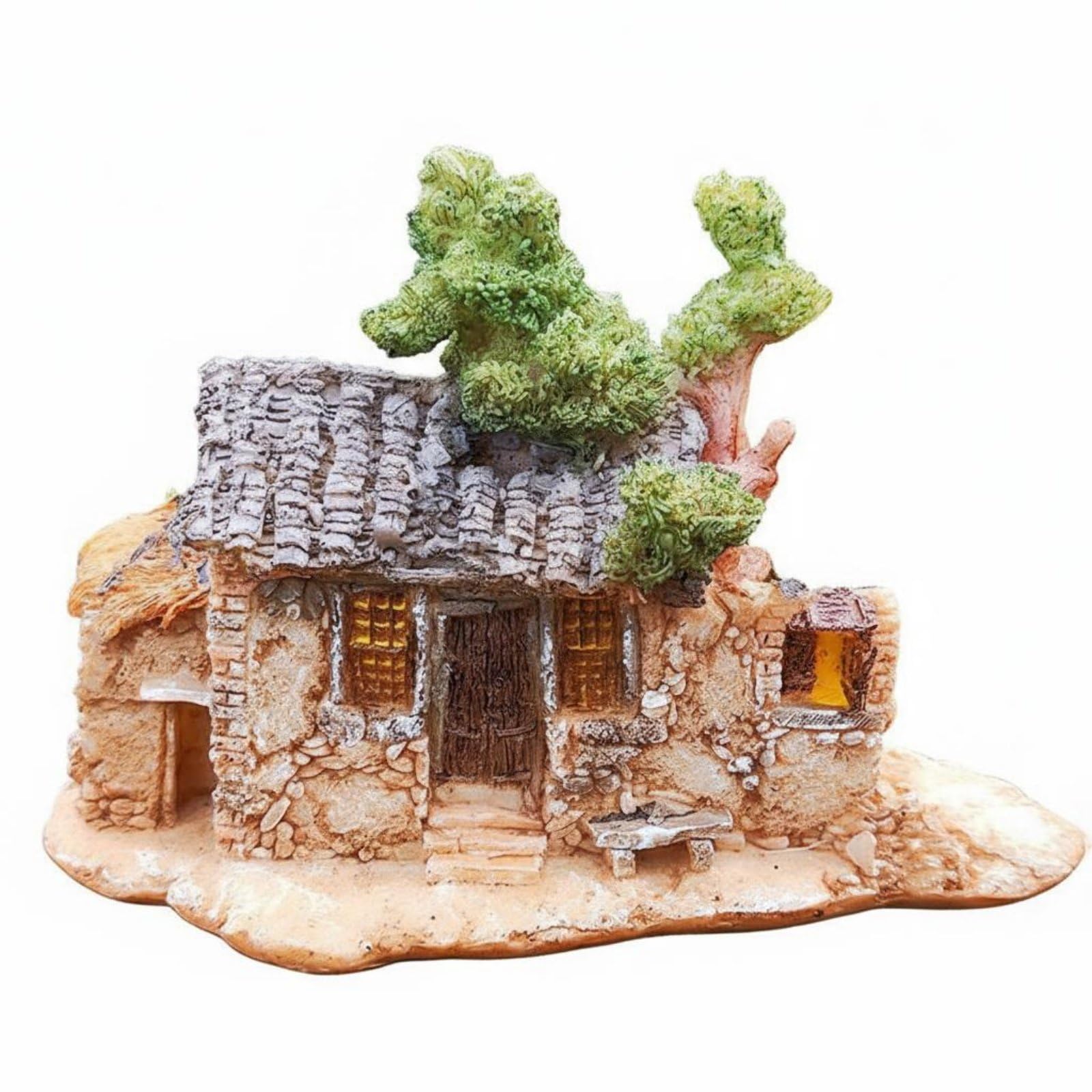 Figura de casa miniatura de alta elaboracion artesanal en resina con tejado verde