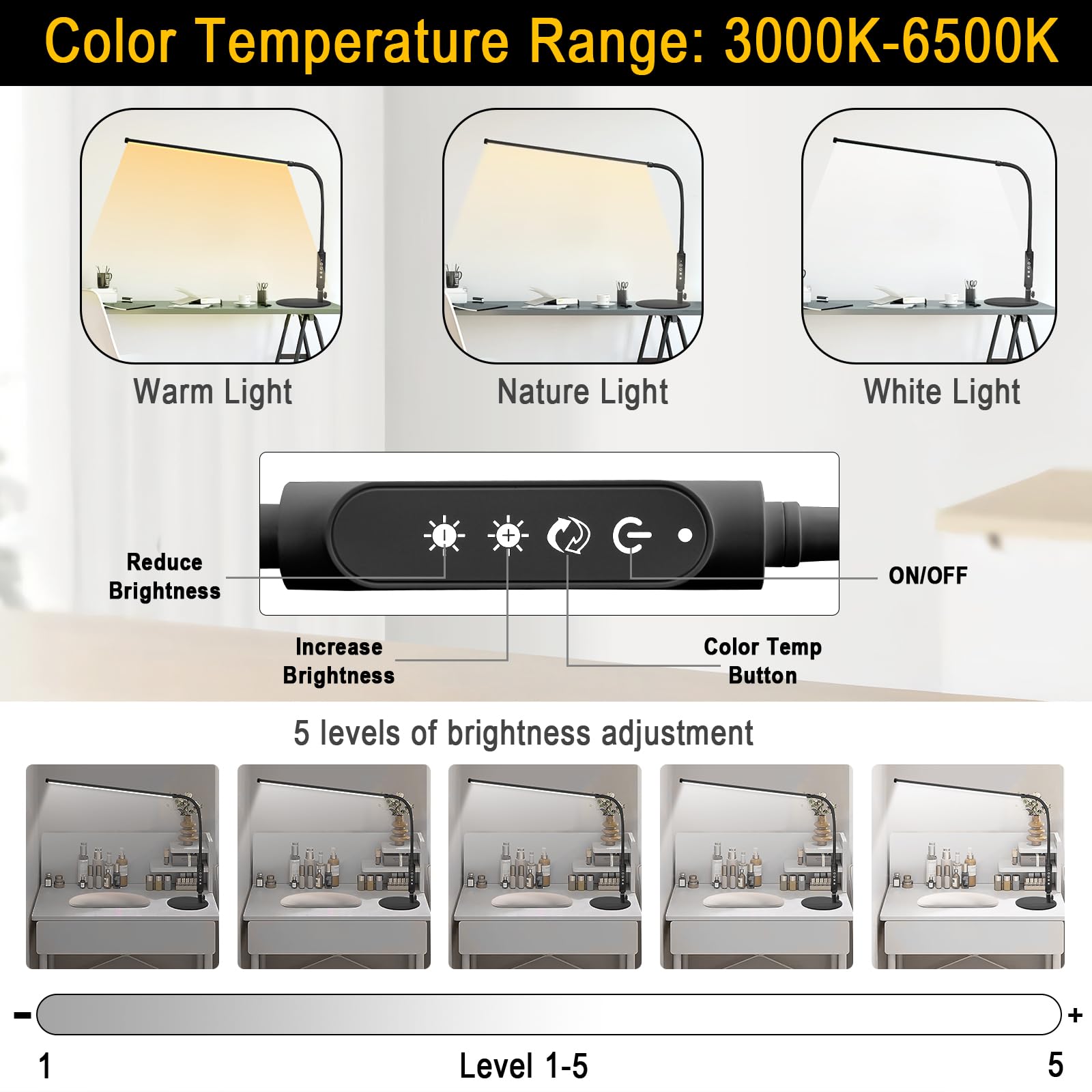 CGBE 60cm Lampada da Tavolo per Unghie LED 18W per Onicotecnico Nero | 360° Flessibile Lampada da Scrivania, Tocca Controllo, 3 Modalità 5 Luminosità Dimmerabile per Manicure Lettura Studio Lavoro