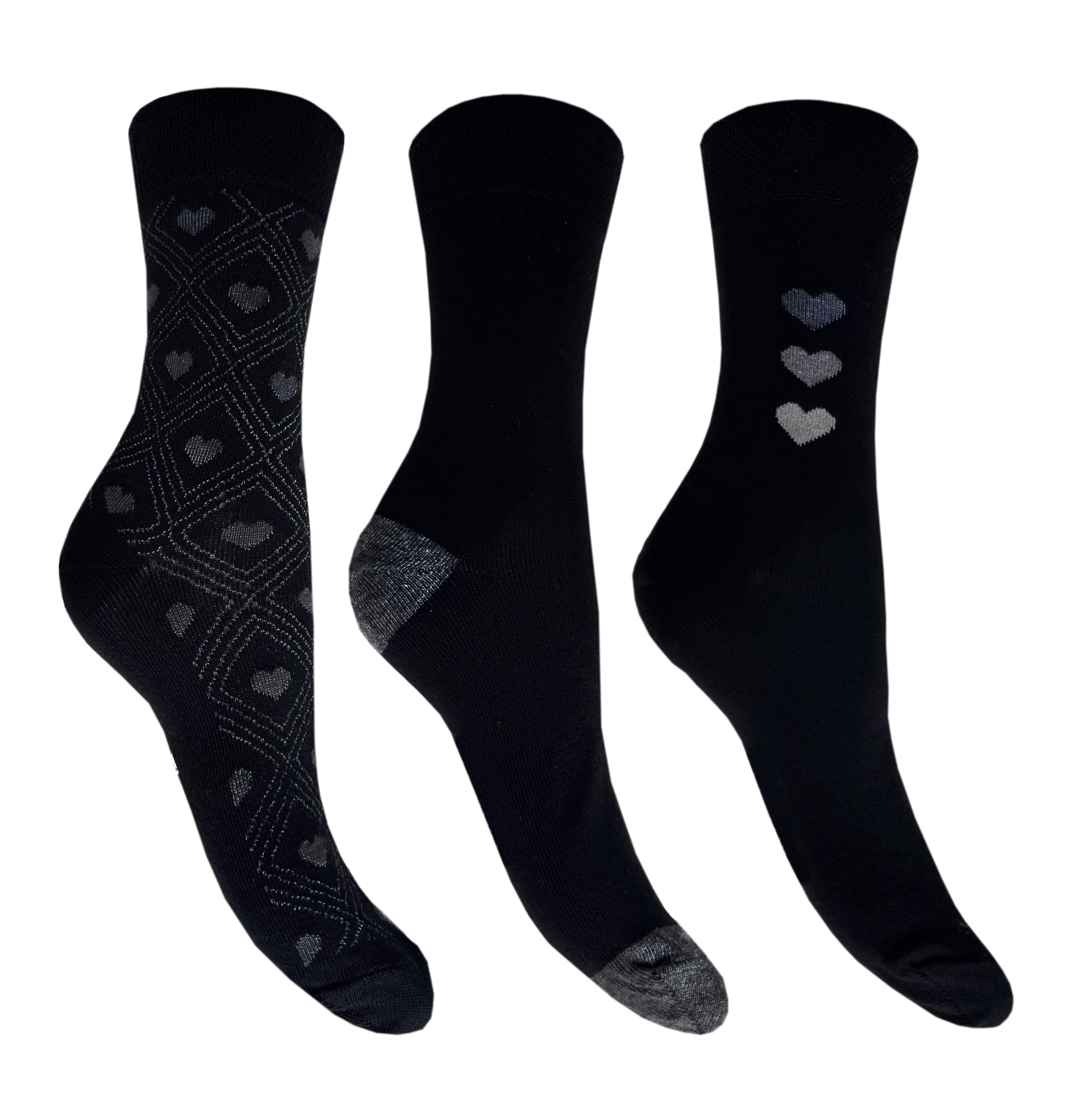 Flexitop Ladies - Heart Design Socks | 3 Pairs | U.K. Size 3-8 | Ladies Black/Heart Design Socks, soft hold, comfort, gentle hold, cushioning socks