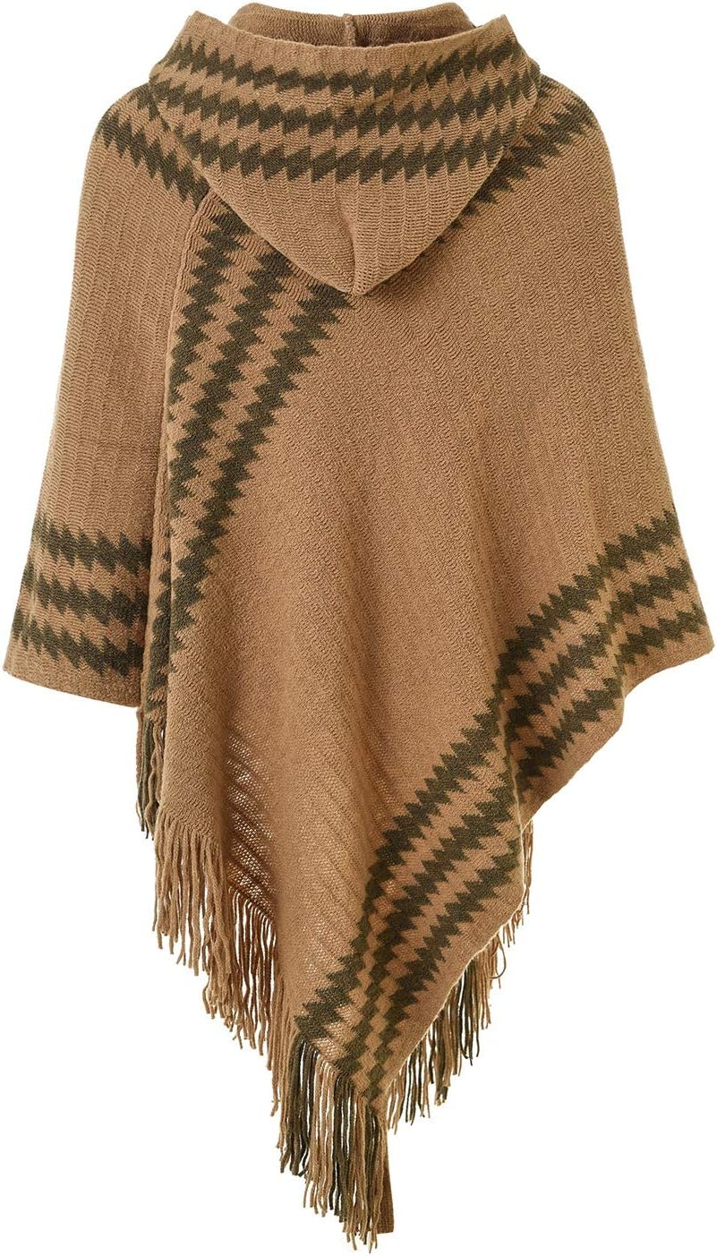 Ferand Women's Cozy Zigzag Poncho Sweater Lightweight Fringe Cape Cloak with Hood - Image 3