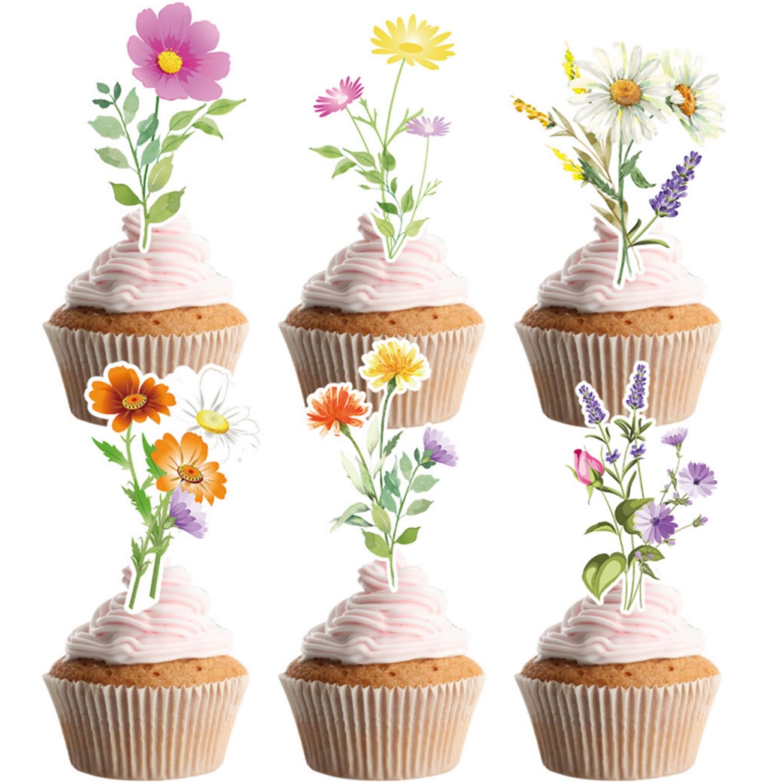 36PCS Wildflower Cupcake Toppers Birthday Party Baby Shower Baby In Bloom Decoration Cake Decor Flower Cake Toppers for Women Bridal Shower Wedding Party Decorations (36pcs Style4)