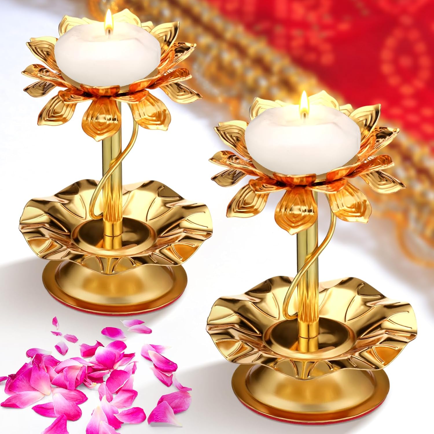 Mumufy 2 Pcs Diwali Lotus Candle Holder Metal Gold Diya for Diwali Pooja Lotus Ghee Lamp Candle Holder Indian Diyas Decorations Diwali Oil Lamps Lotus Candle Lamp for Buddha Temple Home Decor