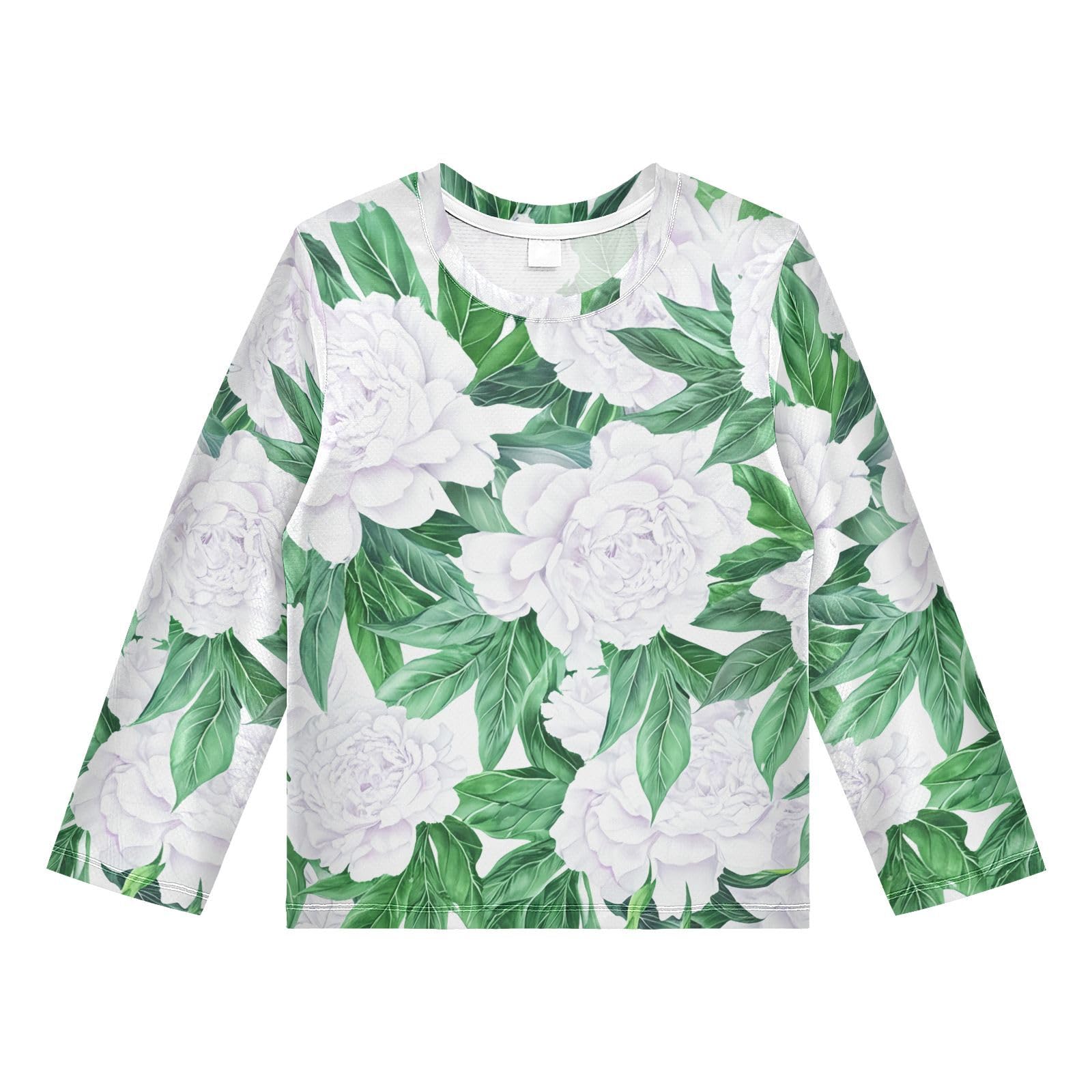 Peonies Leaves Floral White Rash Guard Shirt for Boys Sun Protection Shirt for Running Swiming Pool UPF50+ 5-6T