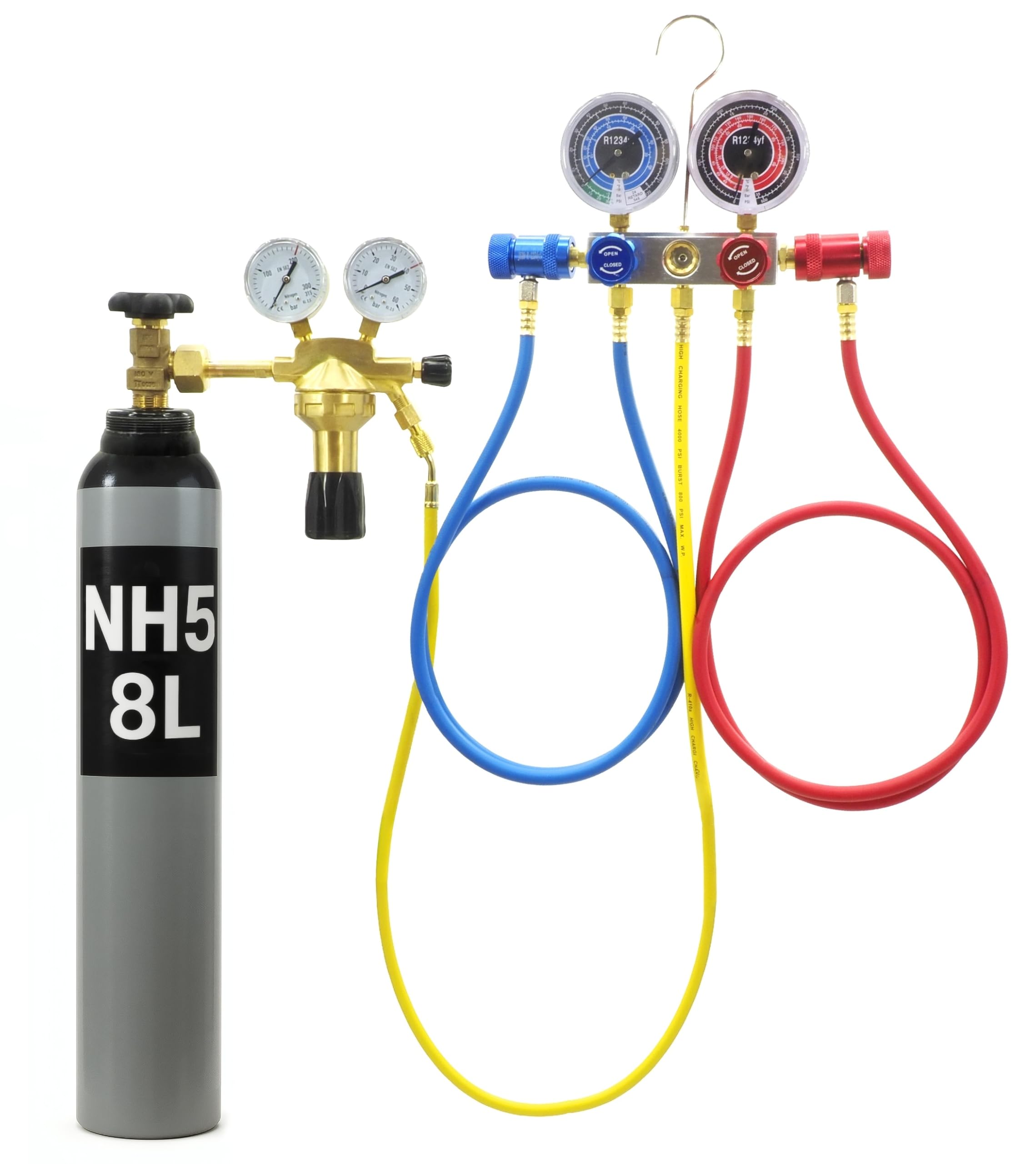 Tester di perdita di pressione per auto, sistema di raffreddamento con manometro, set aria compressa, bombola del gas protettivo NH5 8L/10L azoto per condizionatore d'aria R1234YF, manometro 1/4