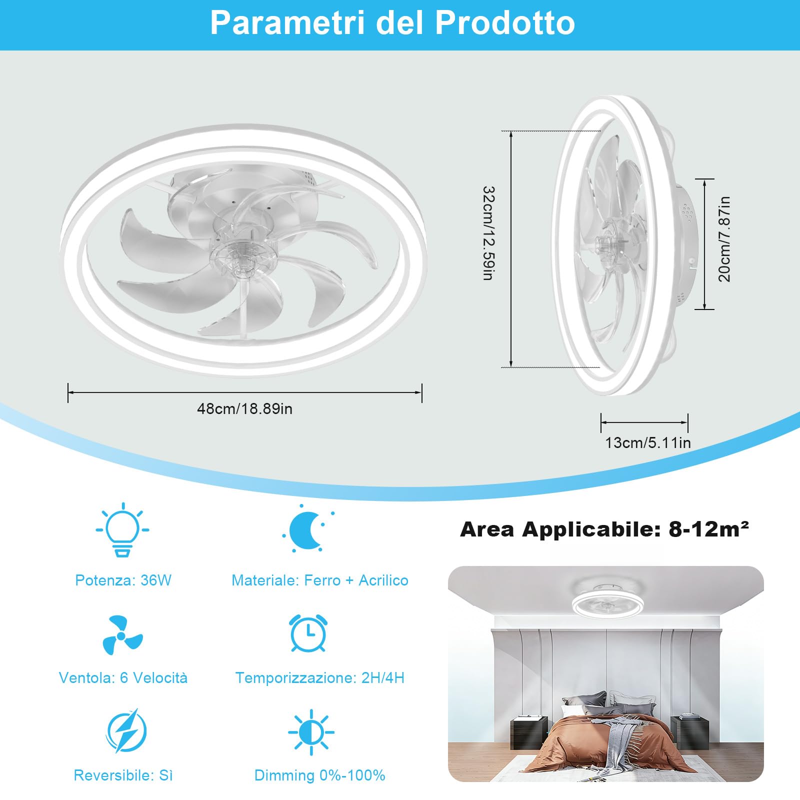 Ventilatore da Soffitto con Luce 48CM, 6 Velocità con Telecomando, Lampada Ventilatore da Soffitto Reversibile, Timer, 7 Pale, Estate/Inverno, Soffitto Camera da Letto, Cucina (Bianco)