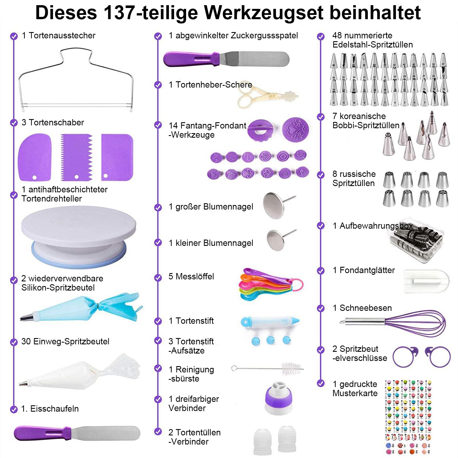 Torten Zubehör Set, 137-teiliges, mit Drehteller Tortenplatte Drehbar, Edelstahl und PP-Material, Lnklusive Kuchenschaber, Spritztüllen Set Cake Decorating Turntable für Anfänger und Profis(Lila)