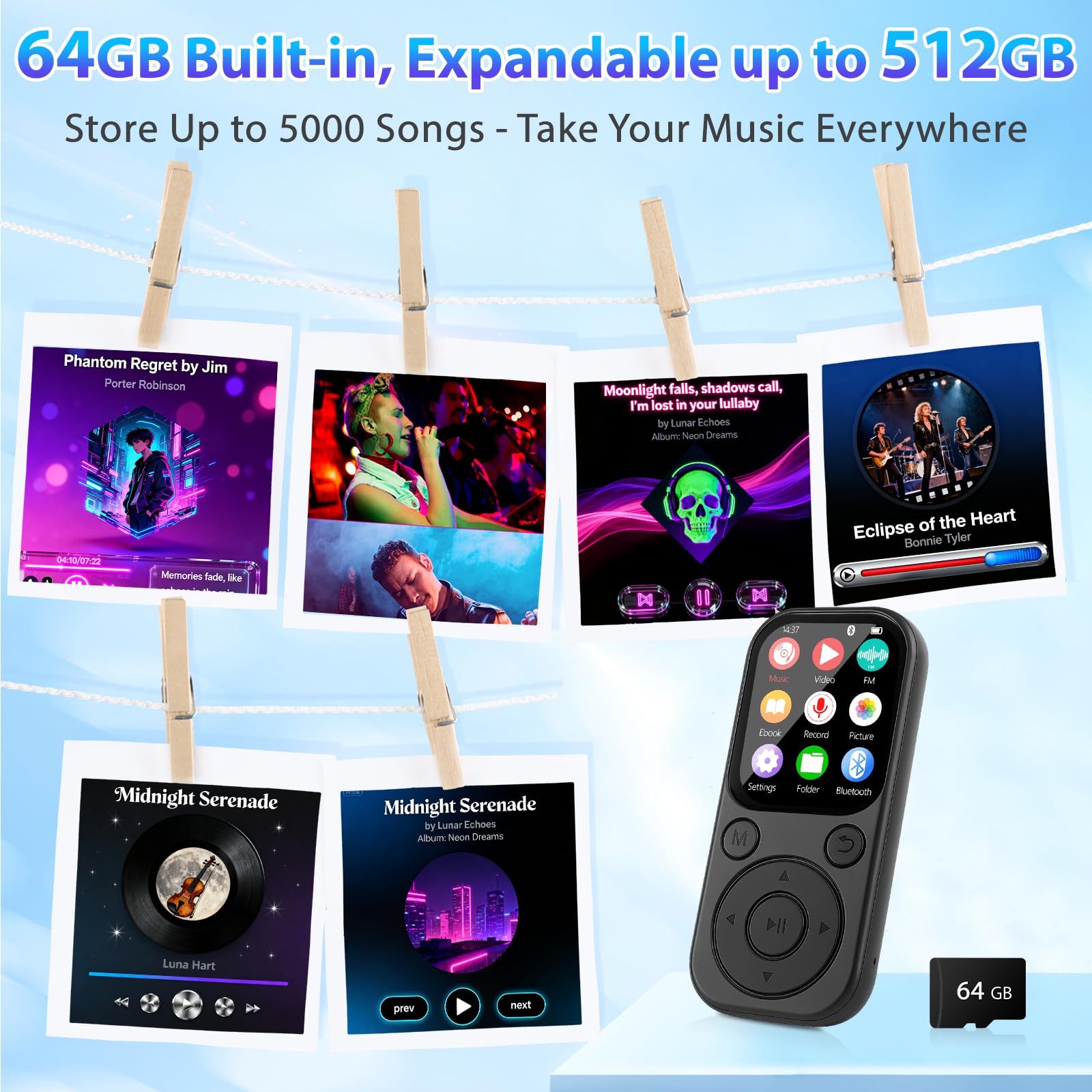 MP3 Player mit Bluetooth 5.3, Tragbarer Musikplayer mit 64GB Speicherkarte, FM Radio, Sprachaufnahme, HiFi Sound, MP3 & MP4 Player, Kinder MP3 Player, Kopfhörer inklusive, Unterstützt bis zu 128GB