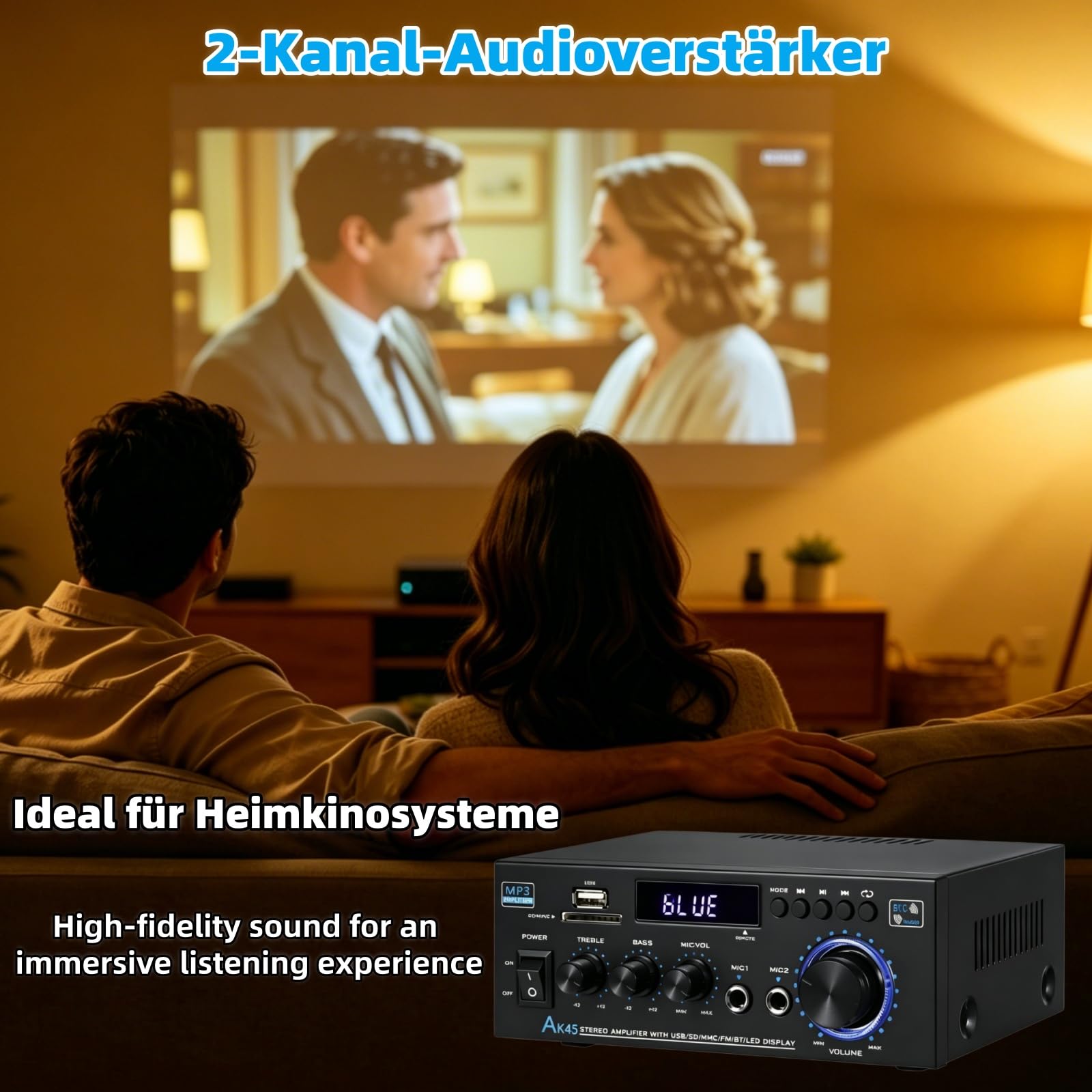 AK45 HiFi wzmacniacz Bluetooth Mini Stereo Audio Receiver 2.0-kanałowy wzmacniacz dźwięku z radiem FM, wejściem na kartę SD/USB, mikrofon do karaoke, regulator basów i wysokości, do domu, samochodu